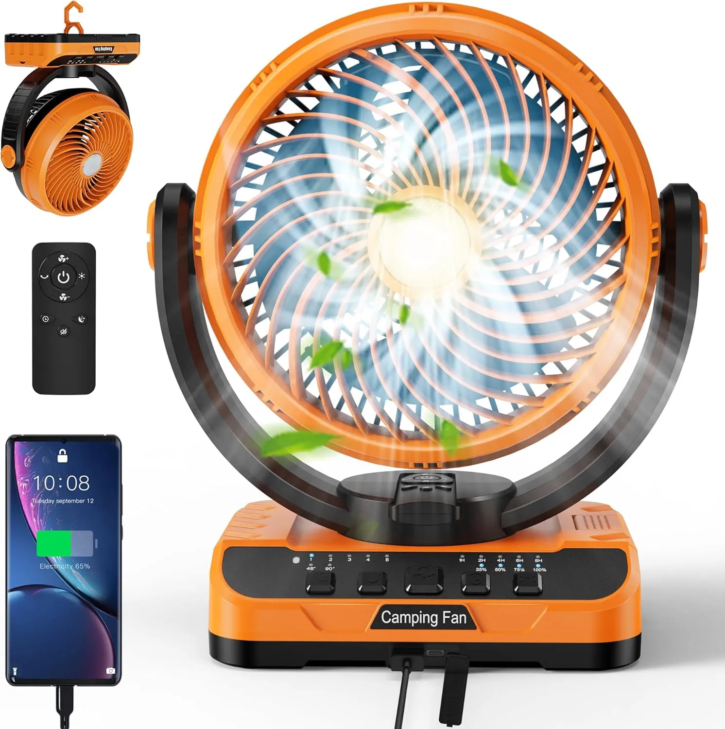 40000mAh Battery Operated Fan Remote & Oscillating, Rechargeable Fan with LED Lantern, Timer, Hanging Hook, USB-C Charging, Battery Powered Table Fan for Home Camping RV Travel Hurricane Emergency 2-in-1 camping light and fan combo