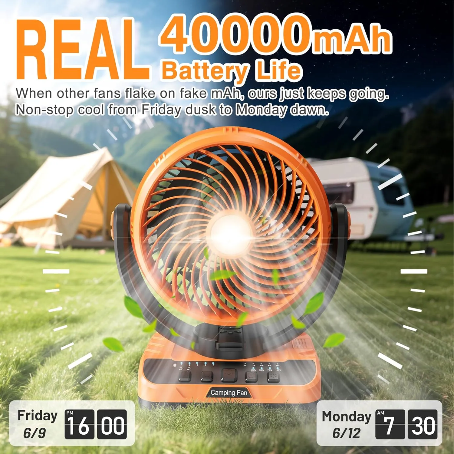 40000mAh Battery Operated Fan Remote & Oscillating, Rechargeable Fan with LED Lantern, Timer, Hanging Hook, USB-C Charging, Battery Powered Table Fan for Home Camping RV Travel Hurricane Emergency