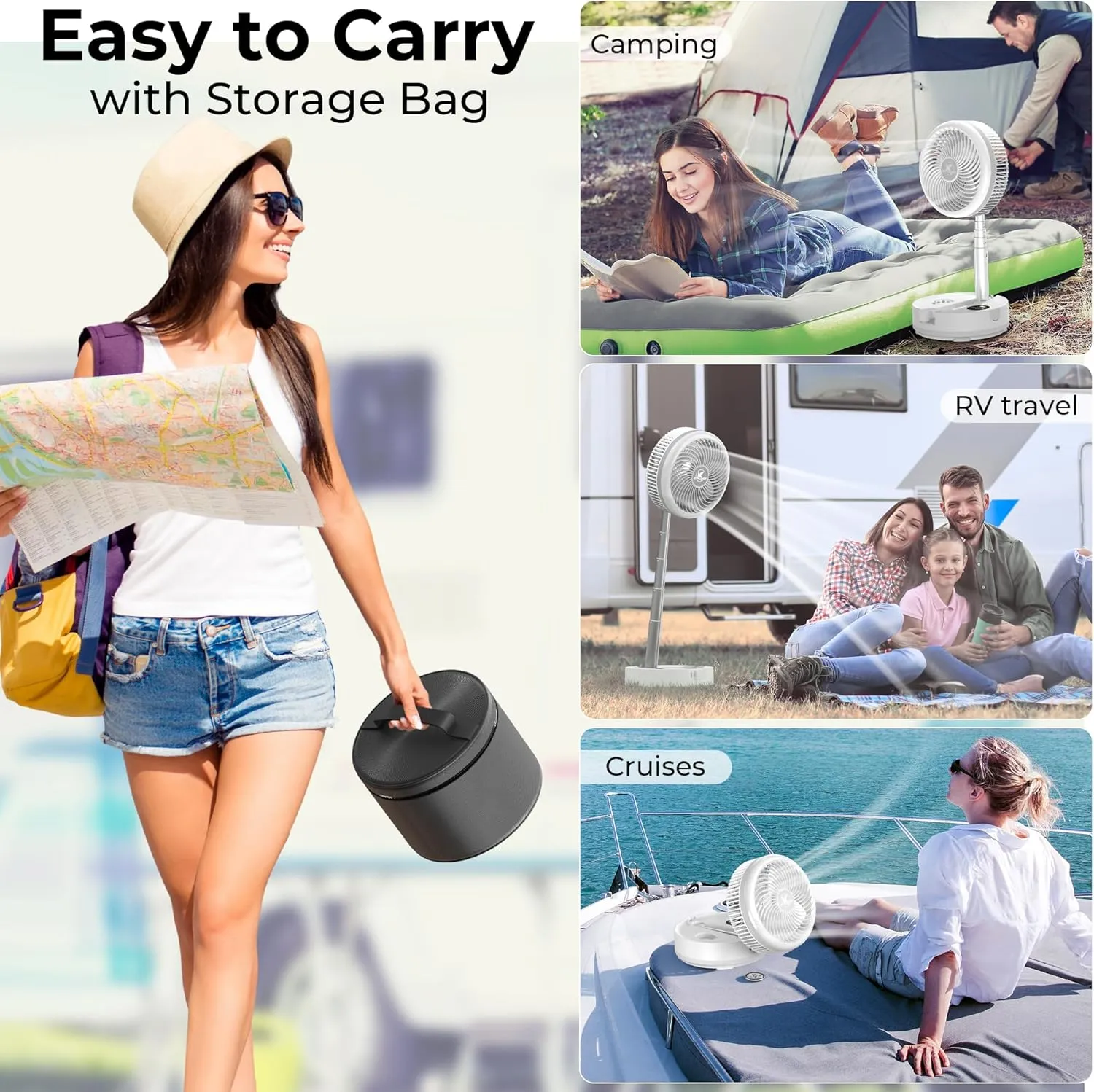 40000mAh Battery Operated Oscillating Table Fan - 106Hrs Rechargeable Camping Fan with Light & Timer, 9 Speeds Portable Travel Fan for Cruise RV Trip, Hurricane Power Outage (10" with Case)