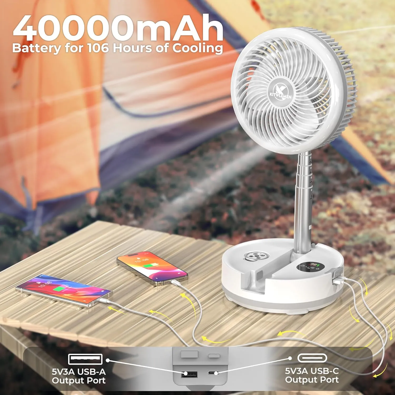 40000mAh Battery Operated Oscillating Table Fan - 106Hrs Rechargeable Camping Fan with Light & Timer, 9 Speeds Portable Travel Fan for Cruise RV Trip, Hurricane Power Outage (10" with Case)