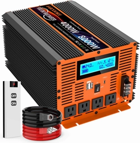 4000 Watt Pure Sine Wave Power Inverter 24V DC to 110V 120V Converter for Family RV Off Grid Solar System Car with Type-C Ports 4 AC Power Outlets Dual USB Ports LCD Display and Remote Control Solar-powered car fan for ventilation