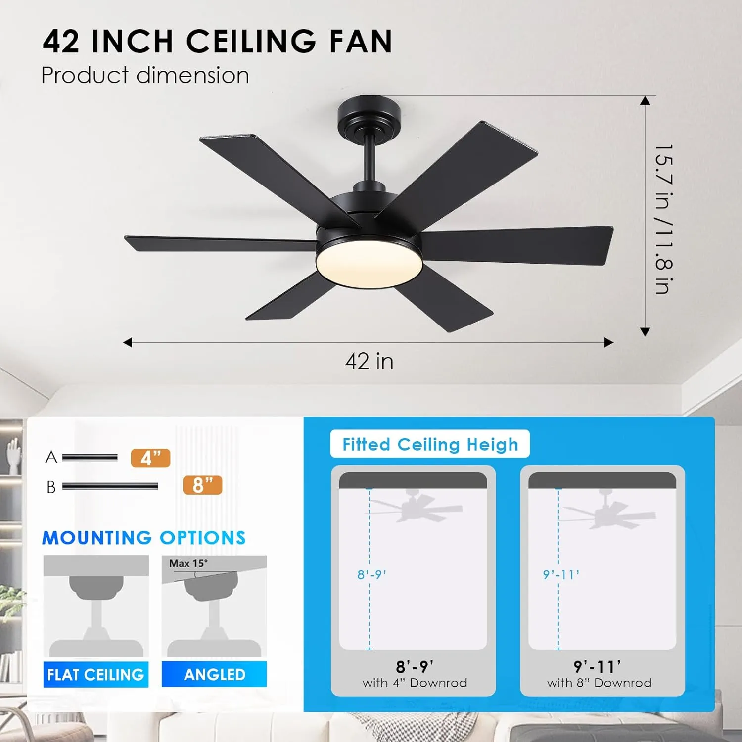 42 inch Ceiling Fans with Lights, Black Ceiling Fan with Remote APP, Dual-Sided Modern/Rustic 6 Blades, Reversible, 3CCT, Sloped Flush Mount Low Profile Ceiling Fan with Lights Bedroom Kitchen Indoor