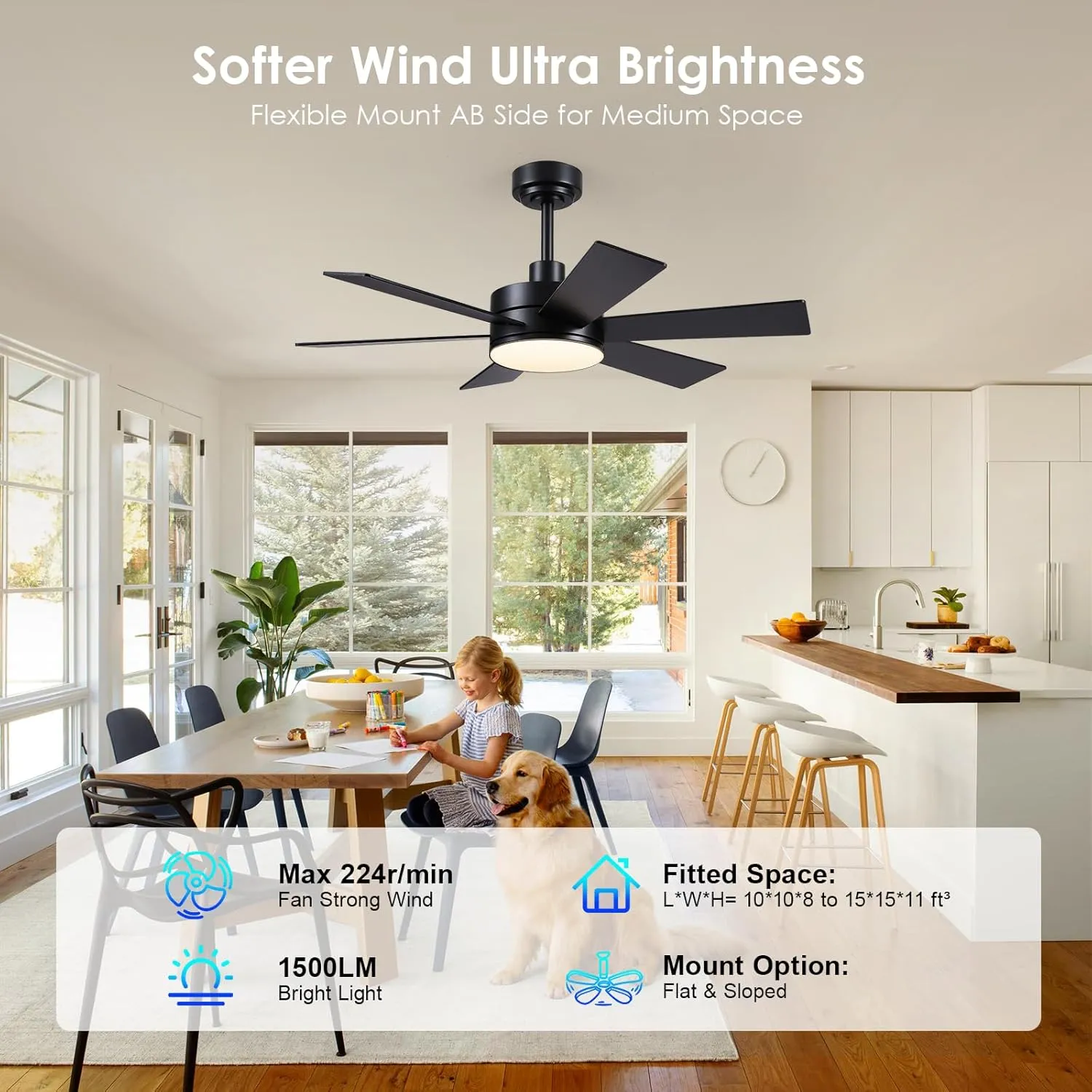 42 inch Ceiling Fans with Lights, Black Ceiling Fan with Remote APP, Dual-Sided Modern/Rustic 6 Blades, Reversible, 3CCT, Sloped Flush Mount Low Profile Ceiling Fan with Lights Bedroom Kitchen Indoor