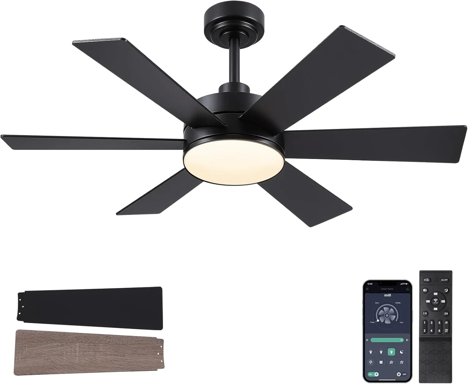 42 inch Ceiling Fans with Lights, Black Ceiling Fan with Remote APP, Dual-Sided Modern/Rustic 6 Blades, Reversible, 3CCT, Sloped Flush Mount Low Profile Ceiling Fan with Lights Bedroom Kitchen Indoor App-controlled remote fan for convenience