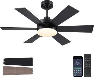 42 inch Ceiling Fans with Lights, Black Ceiling Fan with Remote APP, Dual-Sided Modern/Rustic 6 Blades, Reversible, 3CCT, Sloped Flush Mount Low Profile Ceiling Fan with Lights Bedroom Kitchen Indoor App-controlled remote fan for convenience