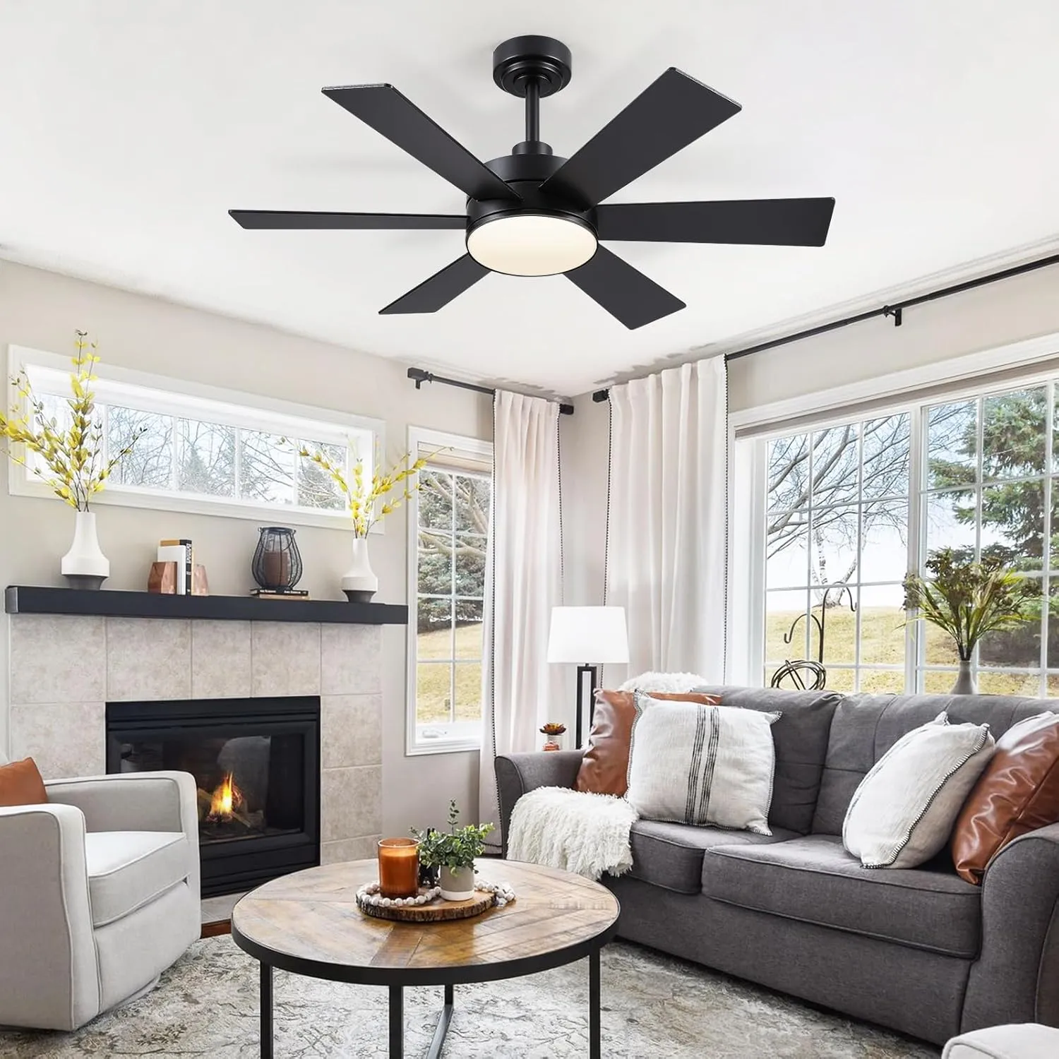 42 inch Ceiling Fans with Lights, Black Ceiling Fan with Remote APP, Dual-Sided Modern/Rustic 6 Blades, Reversible, 3CCT, Sloped Flush Mount Low Profile Ceiling Fan with Lights Bedroom Kitchen Indoor