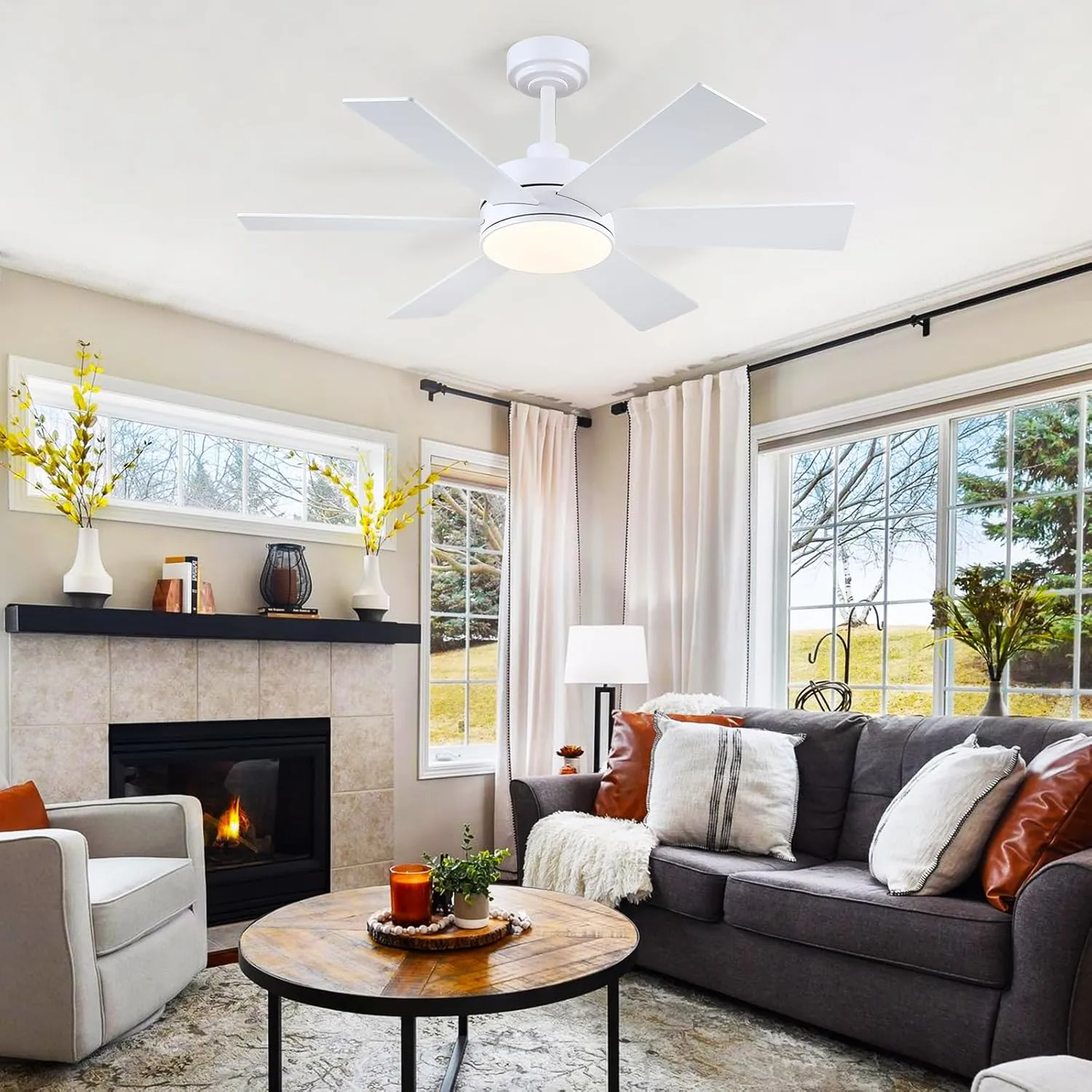 42 inch Ceiling Fans with Lights, Ceiling Fan with Remote APP, Dual-Sided Modern/Rustic 6 Blades, Reversible, 3CCT, Sloped Flush Mount Low Profile Ceiling Fan with Lights Bedroom Kitchen Indoor White