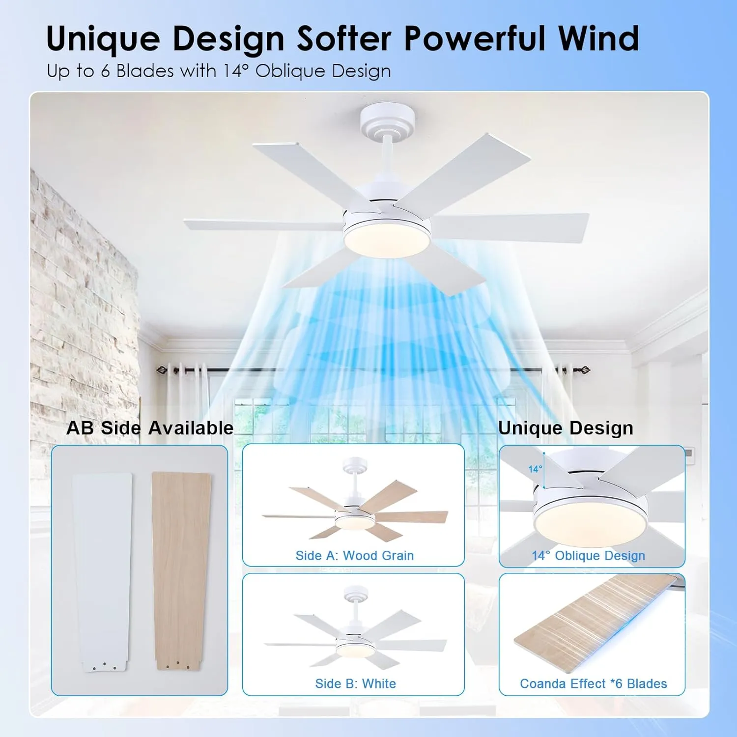 42 inch Ceiling Fans with Lights, Ceiling Fan with Remote APP, Dual-Sided Modern/Rustic 6 Blades, Reversible, 3CCT, Sloped Flush Mount Low Profile Ceiling Fan with Lights Bedroom Kitchen Indoor White