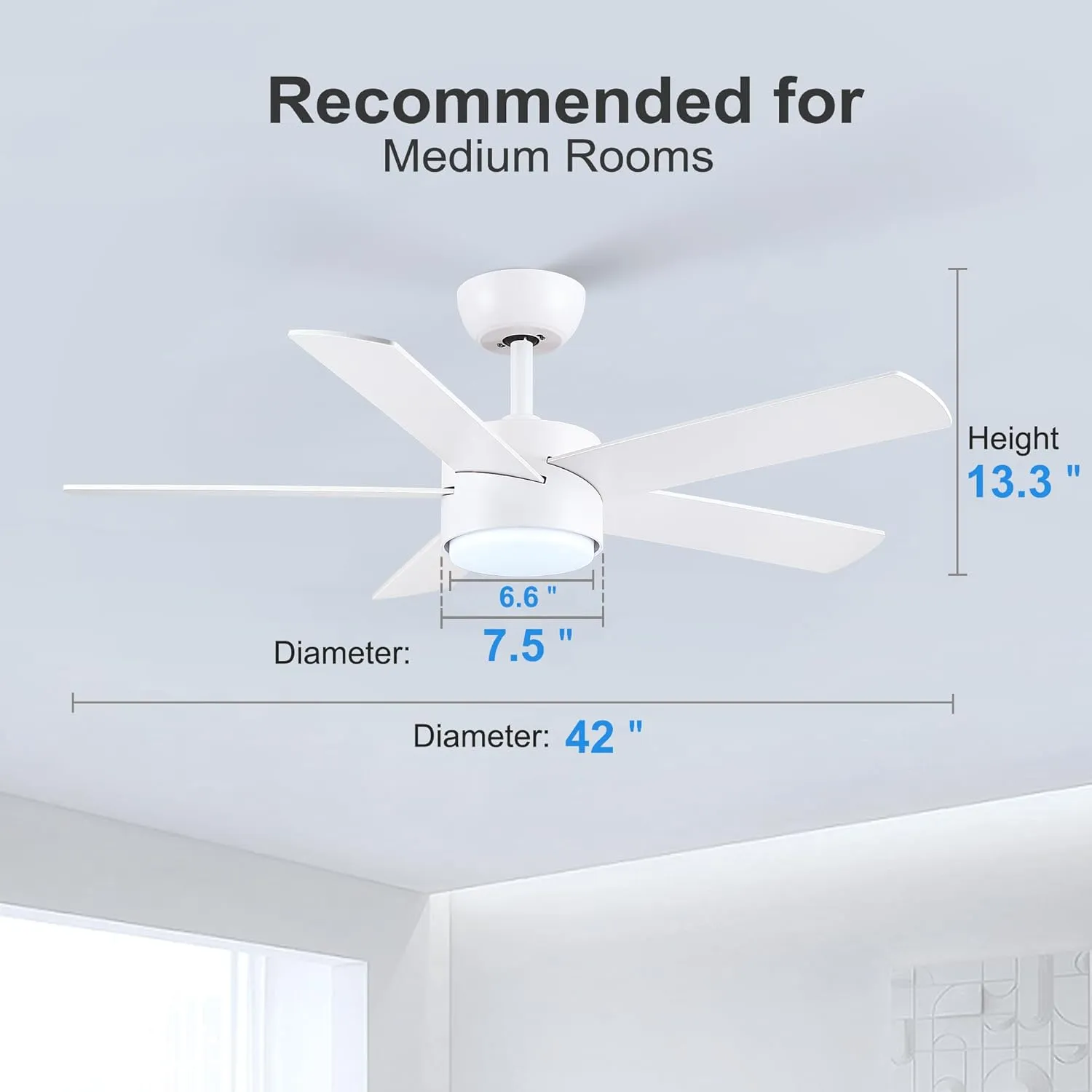 42 inch White Ceiling Fans with Lights and Remote, LED Dimmable 3 CCT Temperatures 6-Speed, Noiseless Modern Ceiling Fan for Bedroom, Living Room, Dining Room, ETL Listed