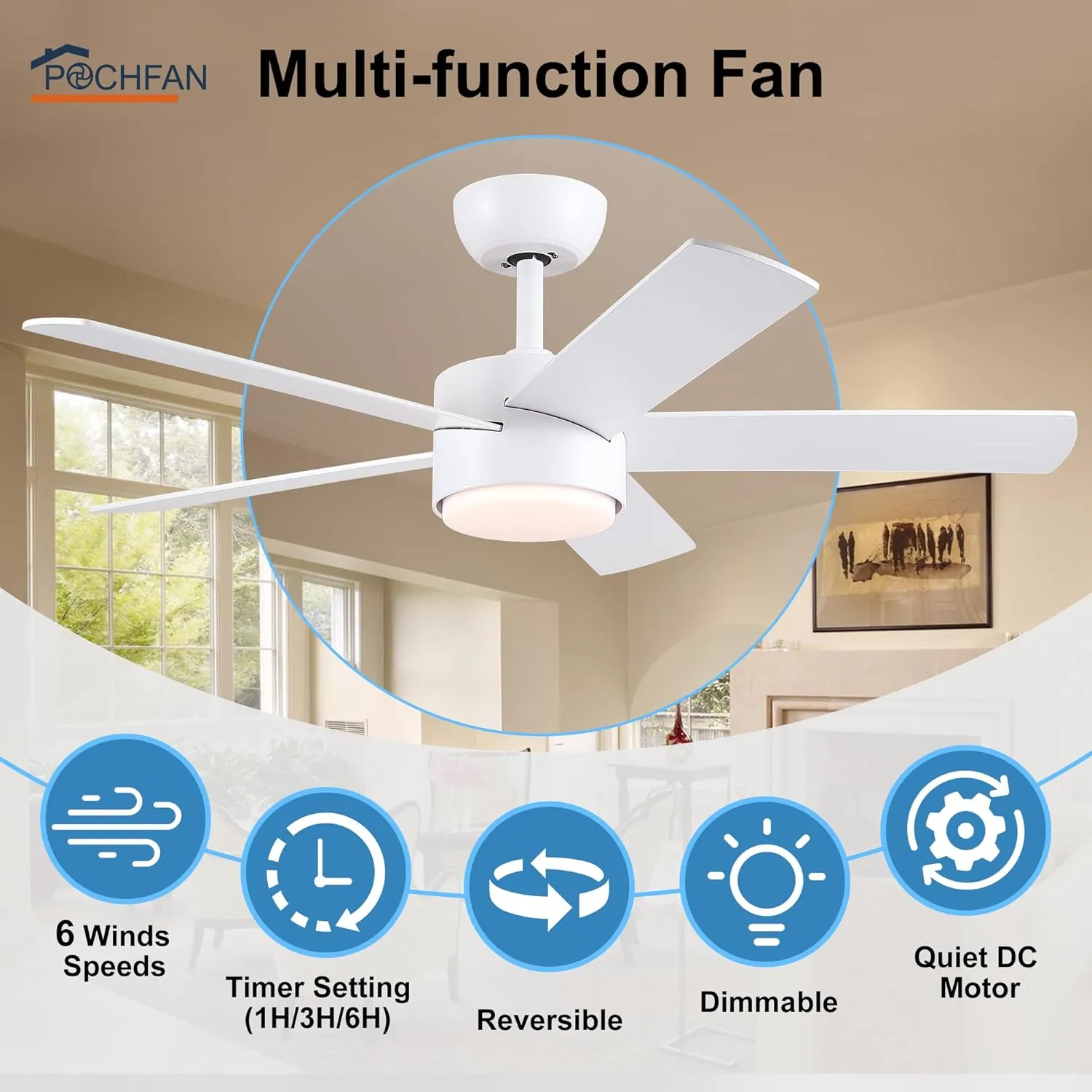42 inch White Ceiling Fans with Lights and Remote, LED Dimmable 3 CCT Temperatures 6-Speed, Noiseless Modern Ceiling Fan for Bedroom, Living Room, Dining Room, ETL Listed