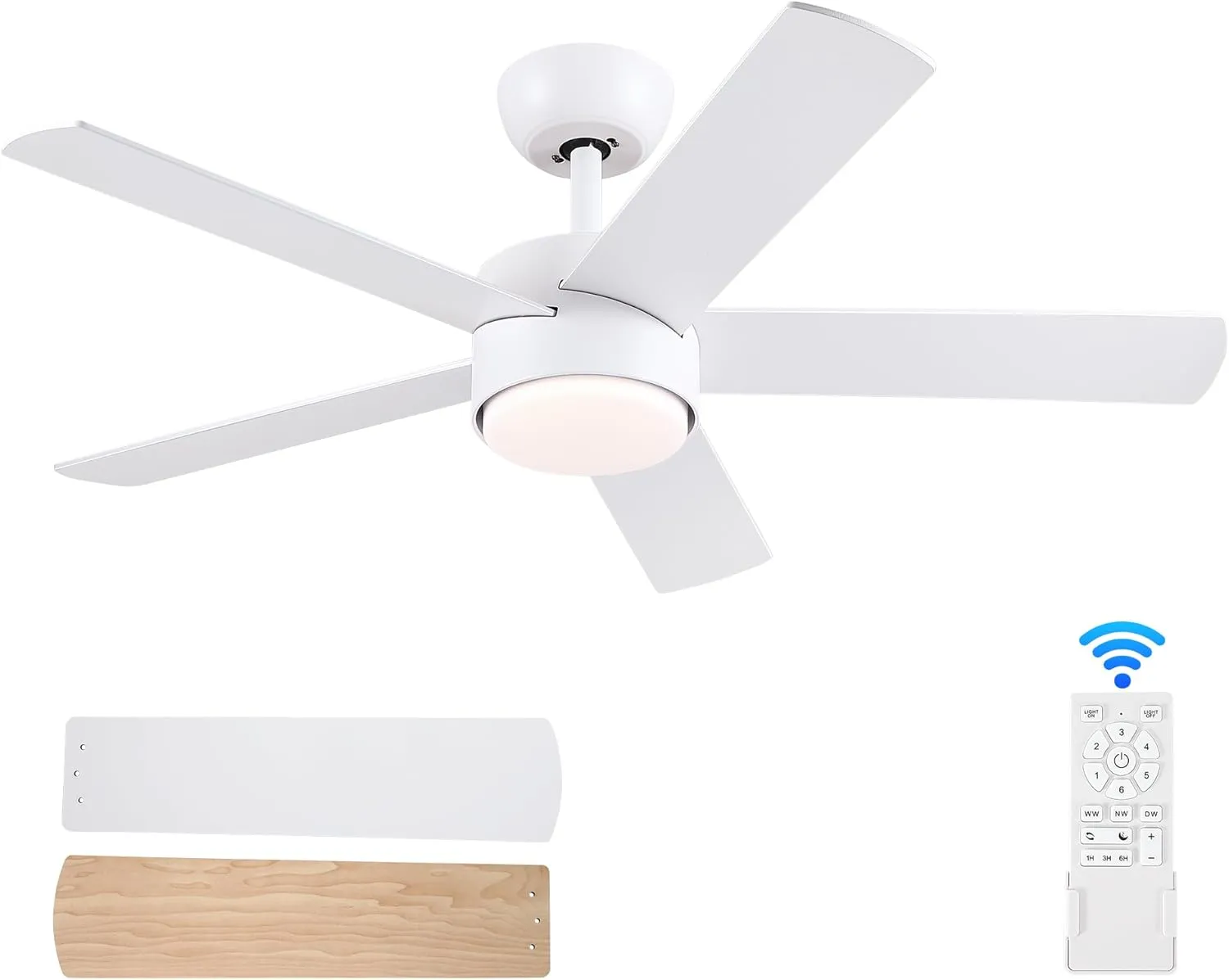 42 inch White Ceiling Fans with Lights and Remote, LED Dimmable 3 CCT Temperatures 6-Speed, Noiseless Modern Ceiling Fan for Bedroom, Living Room, Dining Room, ETL Listed