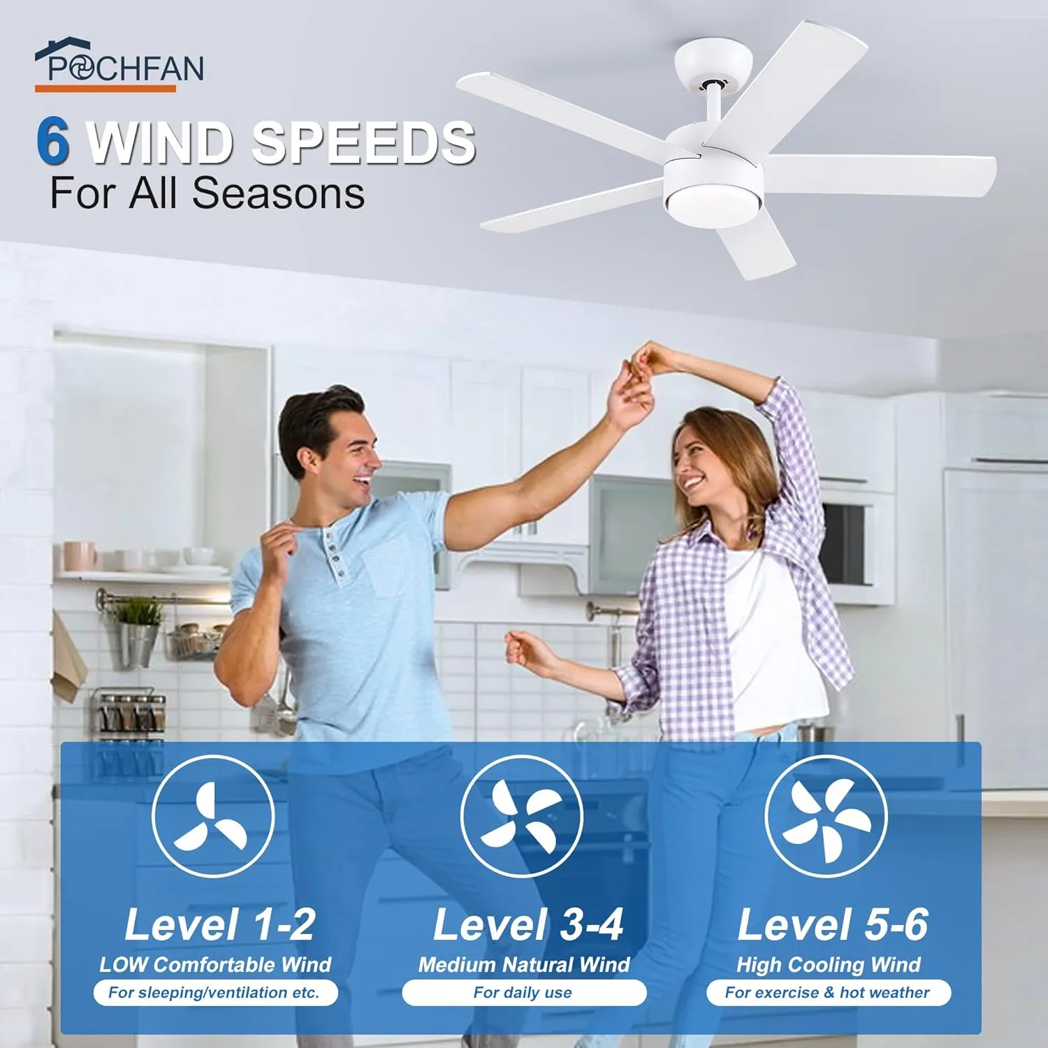 42 inch White Ceiling Fans with Lights and Remote, LED Dimmable 3 CCT Temperatures 6-Speed, Noiseless Modern Ceiling Fan for Bedroom, Living Room, Dining Room, ETL Listed