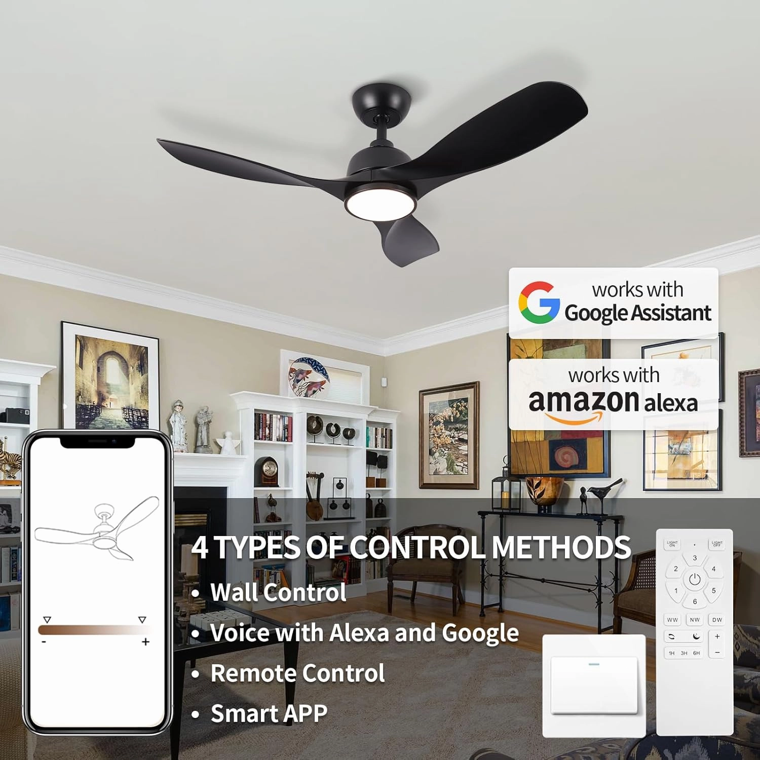 42 Inch Ceiling Fan with Light, Outdoor Ceiling Fans with Reversible Motor, Dimmable, 3-Colors Temperature, 3 ABS Blades, Black Ceiling Fan with Light and Remote for Living Room, Bedroom