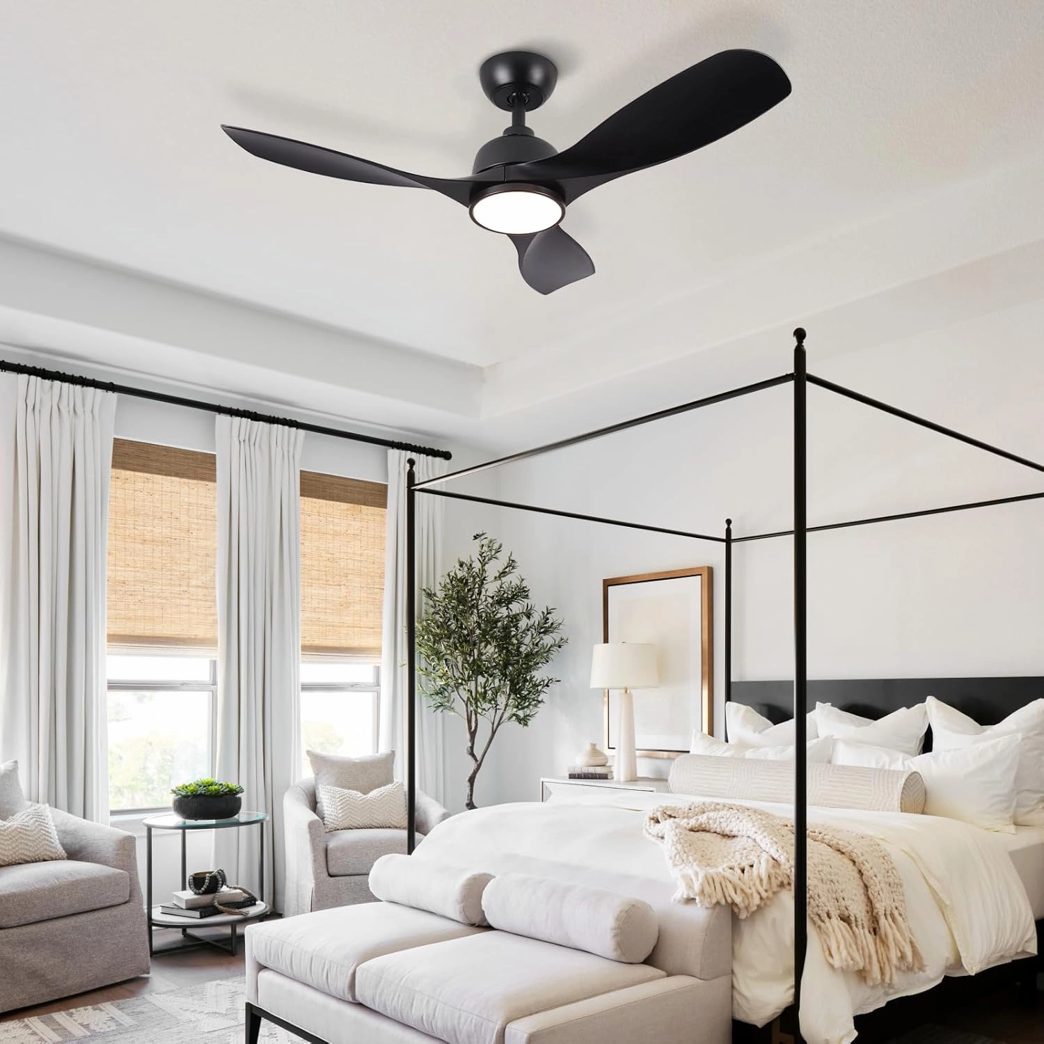 42 Inch Ceiling Fan with Light, Outdoor Ceiling Fans with Reversible Motor, Dimmable, 3-Colors Temperature, 3 ABS Blades, Black Ceiling Fan with Light and Remote for Living Room, Bedroom