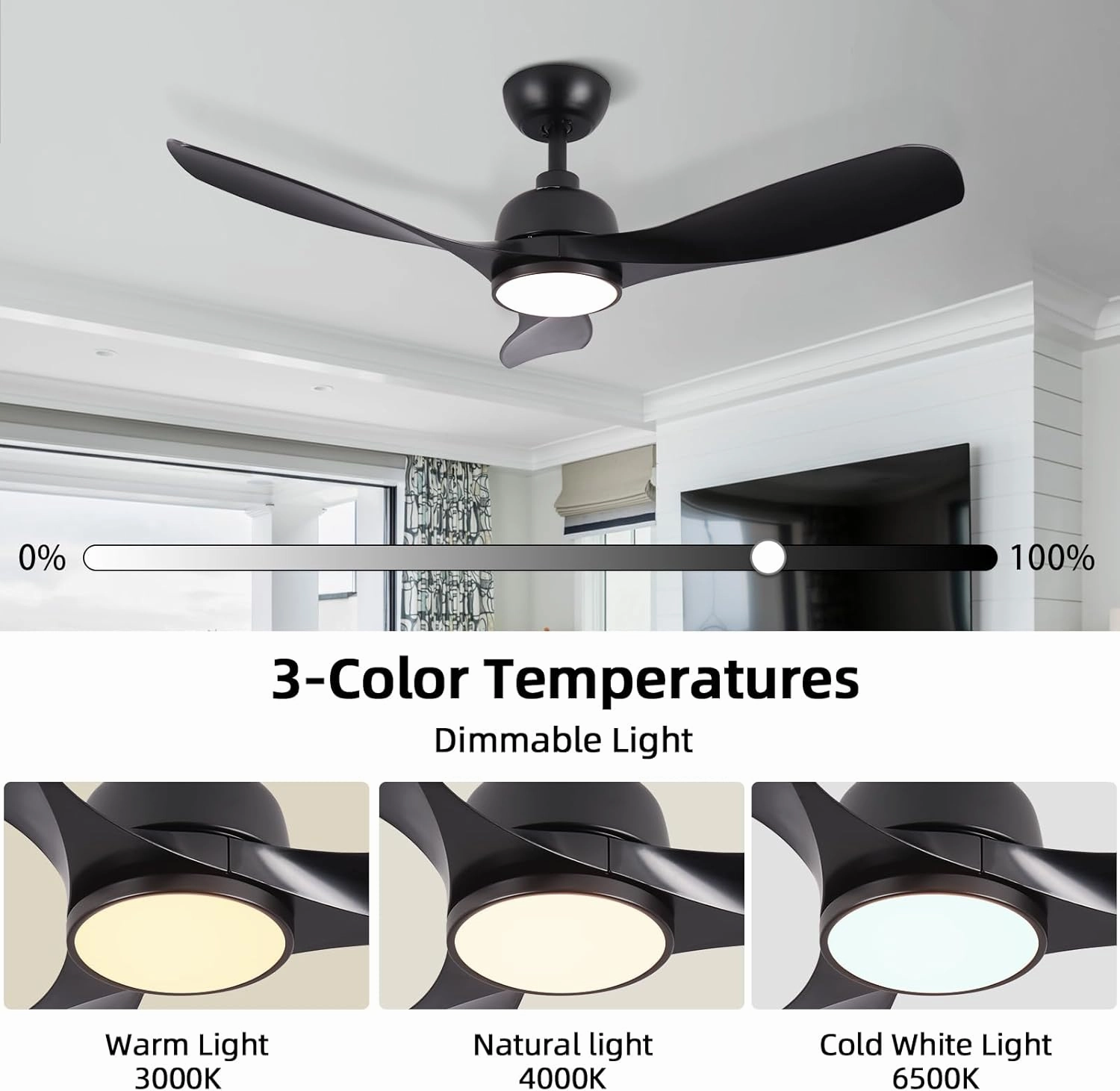 42 Inch Ceiling Fan with Light, Outdoor Ceiling Fans with Reversible Motor, Dimmable, 3-Colors Temperature, 3 ABS Blades, Black Ceiling Fan with Light and Remote for Living Room, Bedroom