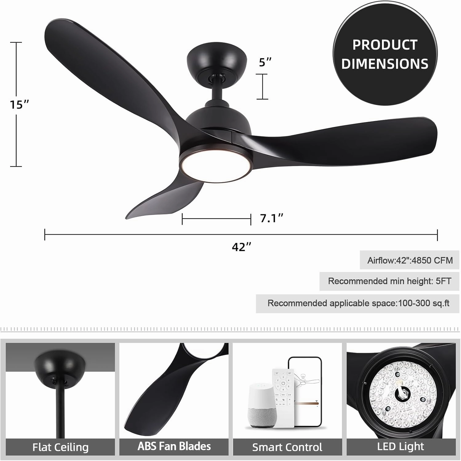 42 Inch Ceiling Fan with Light, Outdoor Ceiling Fans with Reversible Motor, Dimmable, 3-Colors Temperature, 3 ABS Blades, Black Ceiling Fan with Light and Remote for Living Room, Bedroom