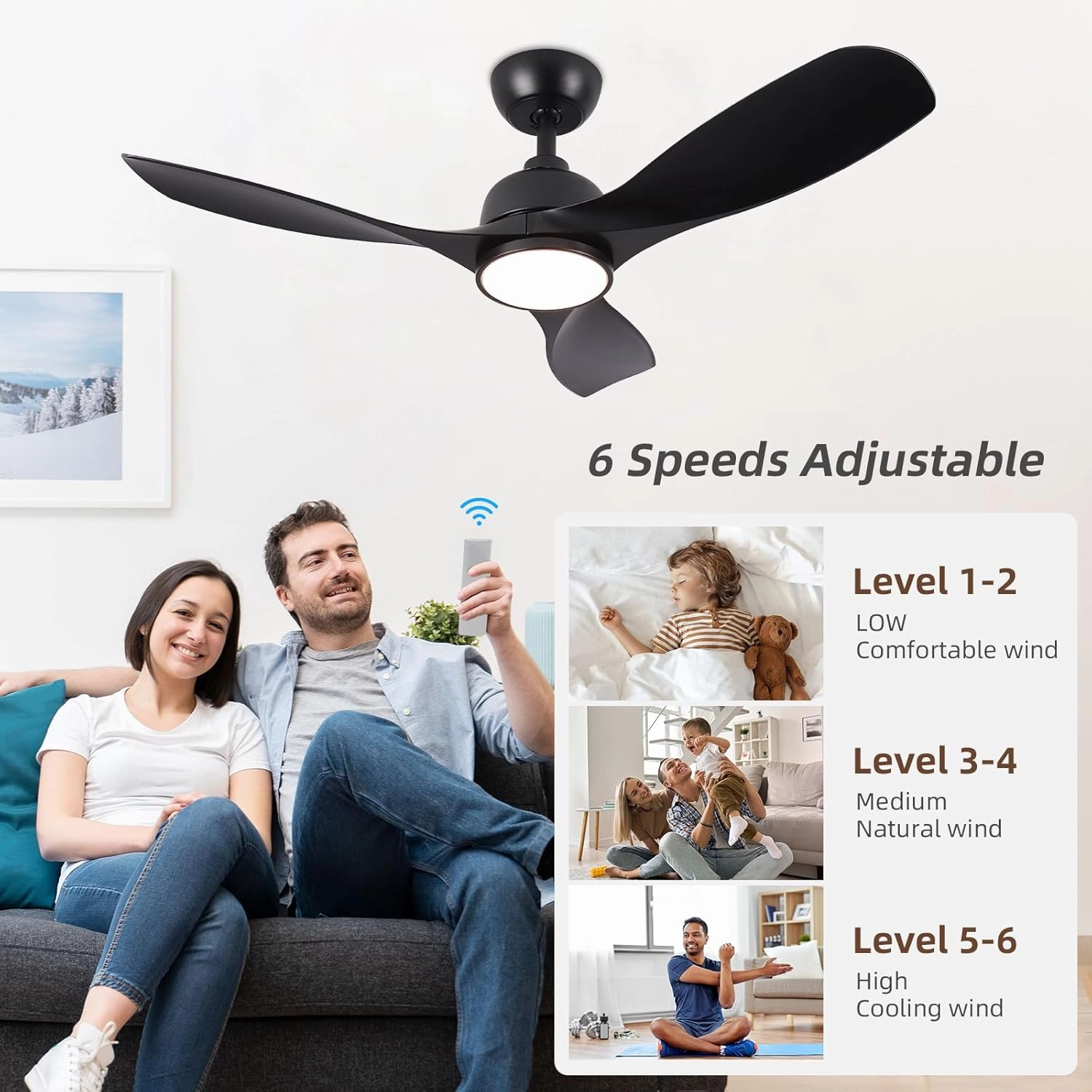 42 Inch Ceiling Fan with Light, Outdoor Ceiling Fans with Reversible Motor, Dimmable, 3-Colors Temperature, 3 ABS Blades, Black Ceiling Fan with Light and Remote for Living Room, Bedroom
