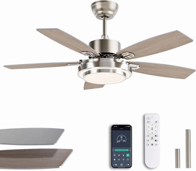 42 Inch Ceiling Fans with Lights and Remote/APP Control, Modern Nickel Ceiling Fan with Quiet Reversible DC Motor, 3 CCT Dimmable LED for Bedroom, Living Room, Patio, Indoor and Outdoor App-controlled remote fan for convenience