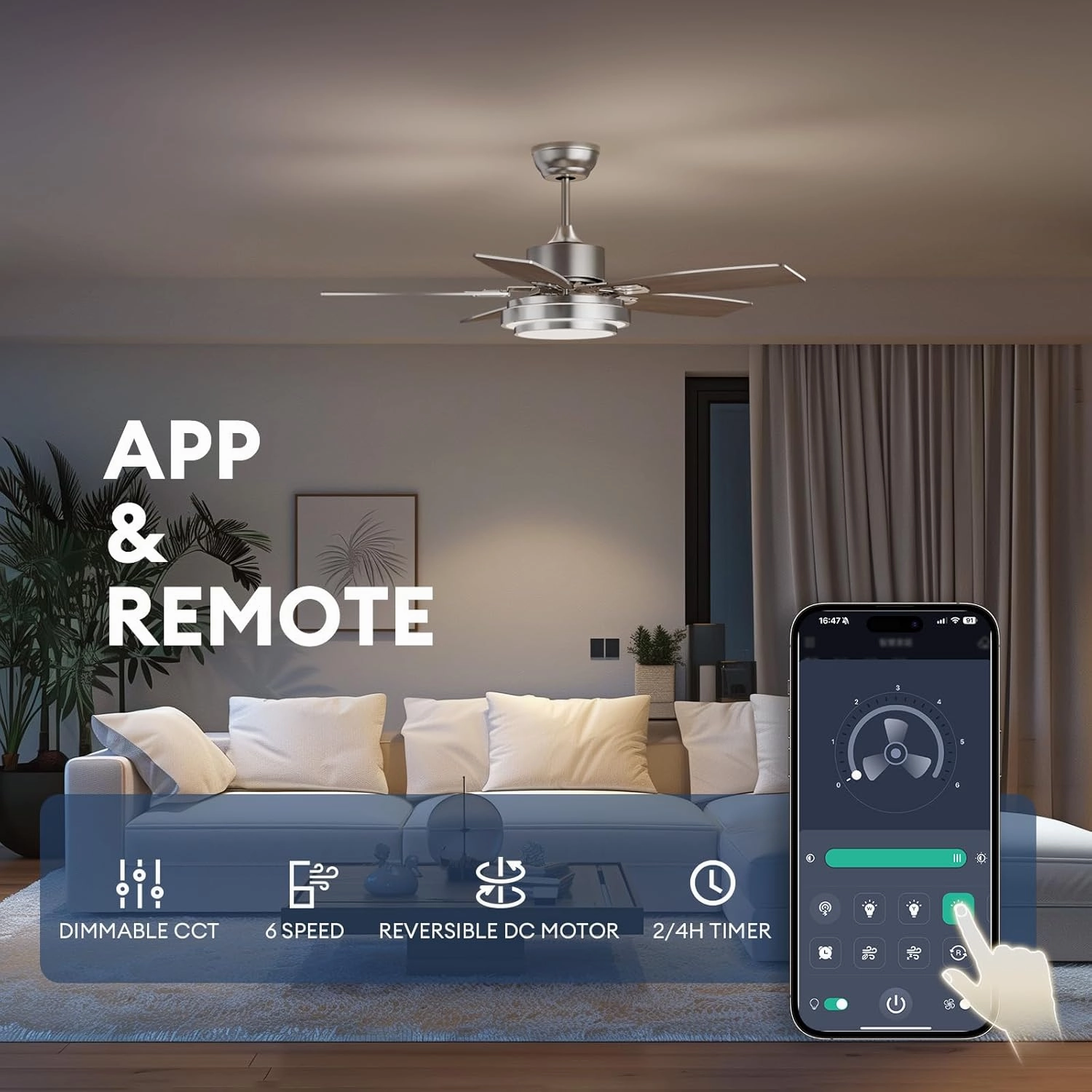 42 Inch Ceiling Fans with Lights and Remote/APP Control, Modern Nickel Ceiling Fan with Quiet Reversible DC Motor, 3 CCT Dimmable LED for Bedroom, Living Room, Patio, Indoor and Outdoor