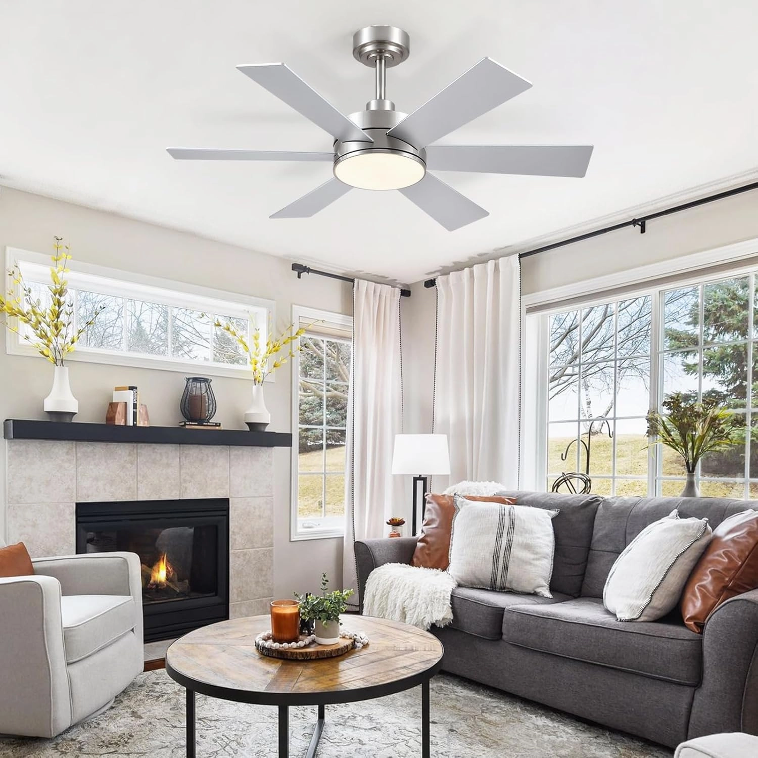 42 inch Ceiling Fans with Lights, Ceiling Fan with Remote APP, Dual-Sided Modern/Rustic 6 Blades, Reversible, 3CCT, Sloped Flush Mount Low Profile Ceiling Fan with Lights Bedroom Kitchen Indoor Nickel