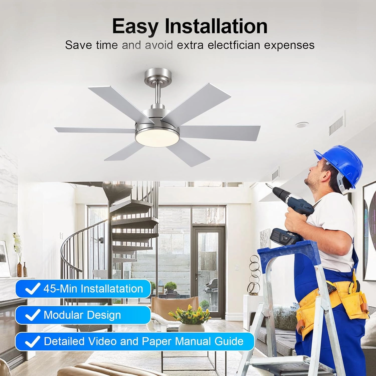 42 inch Ceiling Fans with Lights, Ceiling Fan with Remote APP, Dual-Sided Modern/Rustic 6 Blades, Reversible, 3CCT, Sloped Flush Mount Low Profile Ceiling Fan with Lights Bedroom Kitchen Indoor Nickel