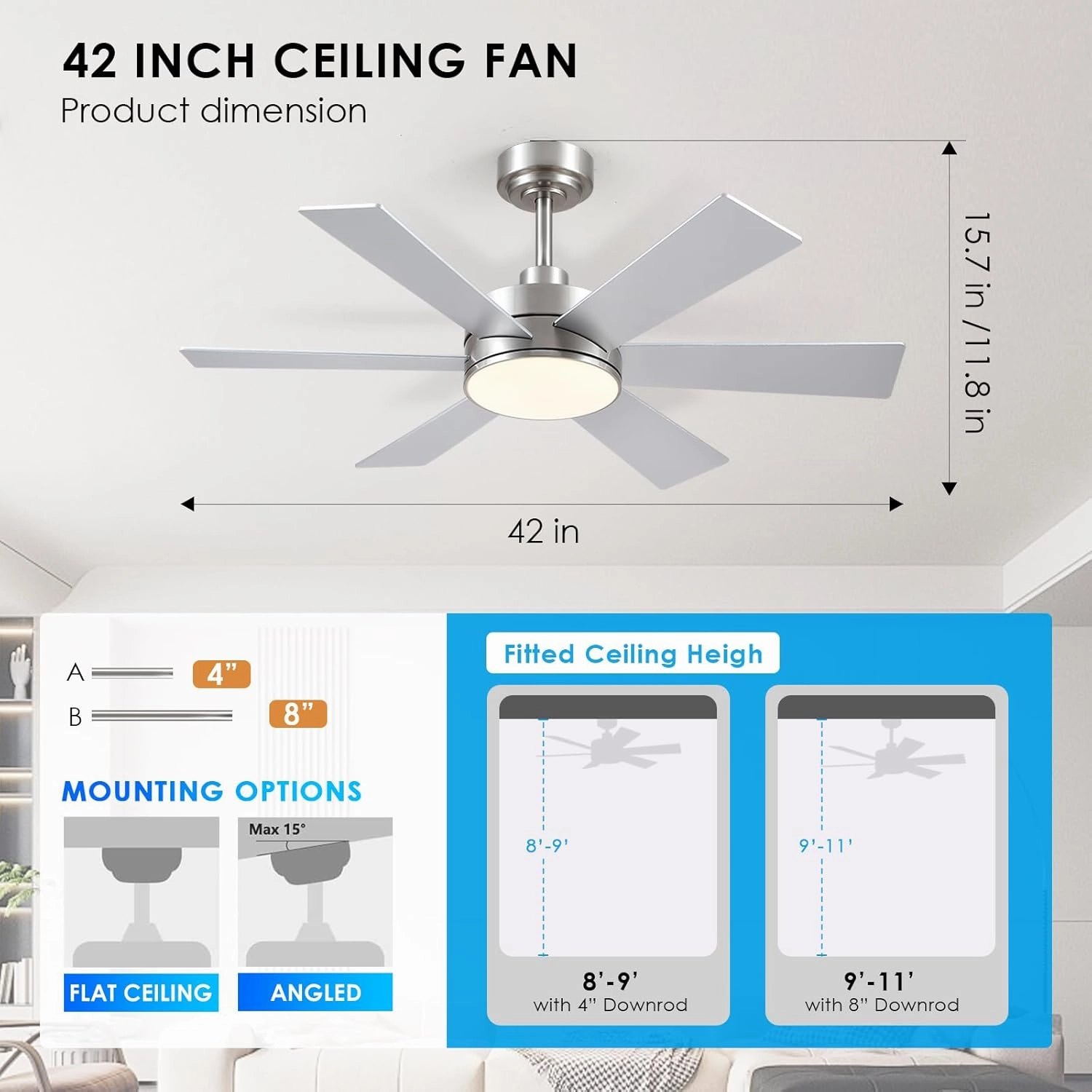 42 inch Ceiling Fans with Lights, Ceiling Fan with Remote APP, Dual-Sided Modern/Rustic 6 Blades, Reversible, 3CCT, Sloped Flush Mount Low Profile Ceiling Fan with Lights Bedroom Kitchen Indoor Nickel