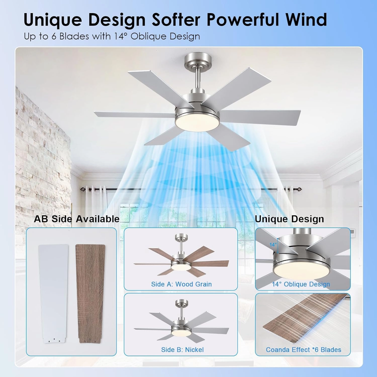 42 inch Ceiling Fans with Lights, Ceiling Fan with Remote APP, Dual-Sided Modern/Rustic 6 Blades, Reversible, 3CCT, Sloped Flush Mount Low Profile Ceiling Fan with Lights Bedroom Kitchen Indoor Nickel