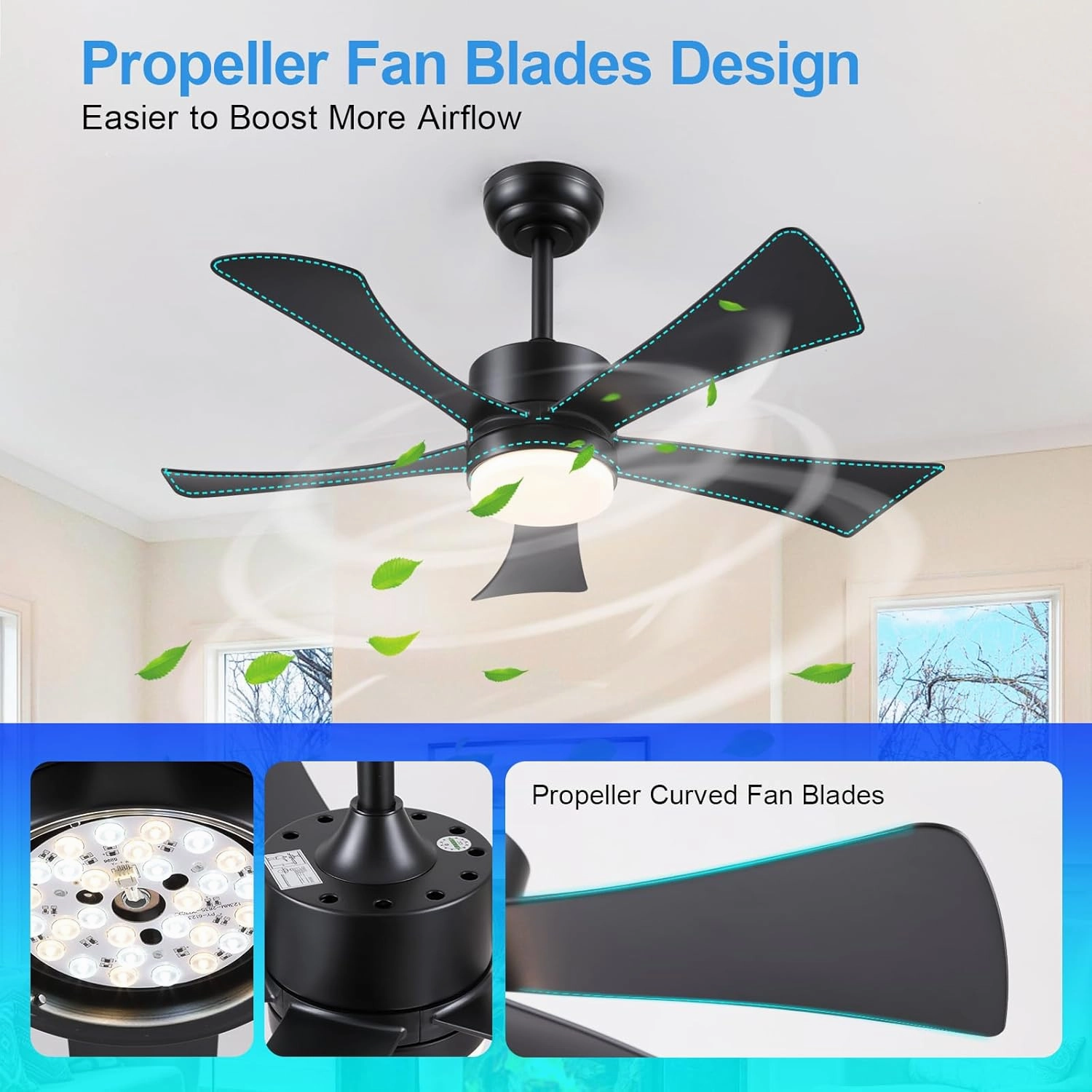 42 inch Ceiling Fans with Lights, Modern Black Ceiling Fan with Remote Control App, DC Motor Quiet, 3CCT Dimmable Memory, Led Sloped Flat Ceiling Fan with Light for Bedroom Indoor&Outdoor Patio