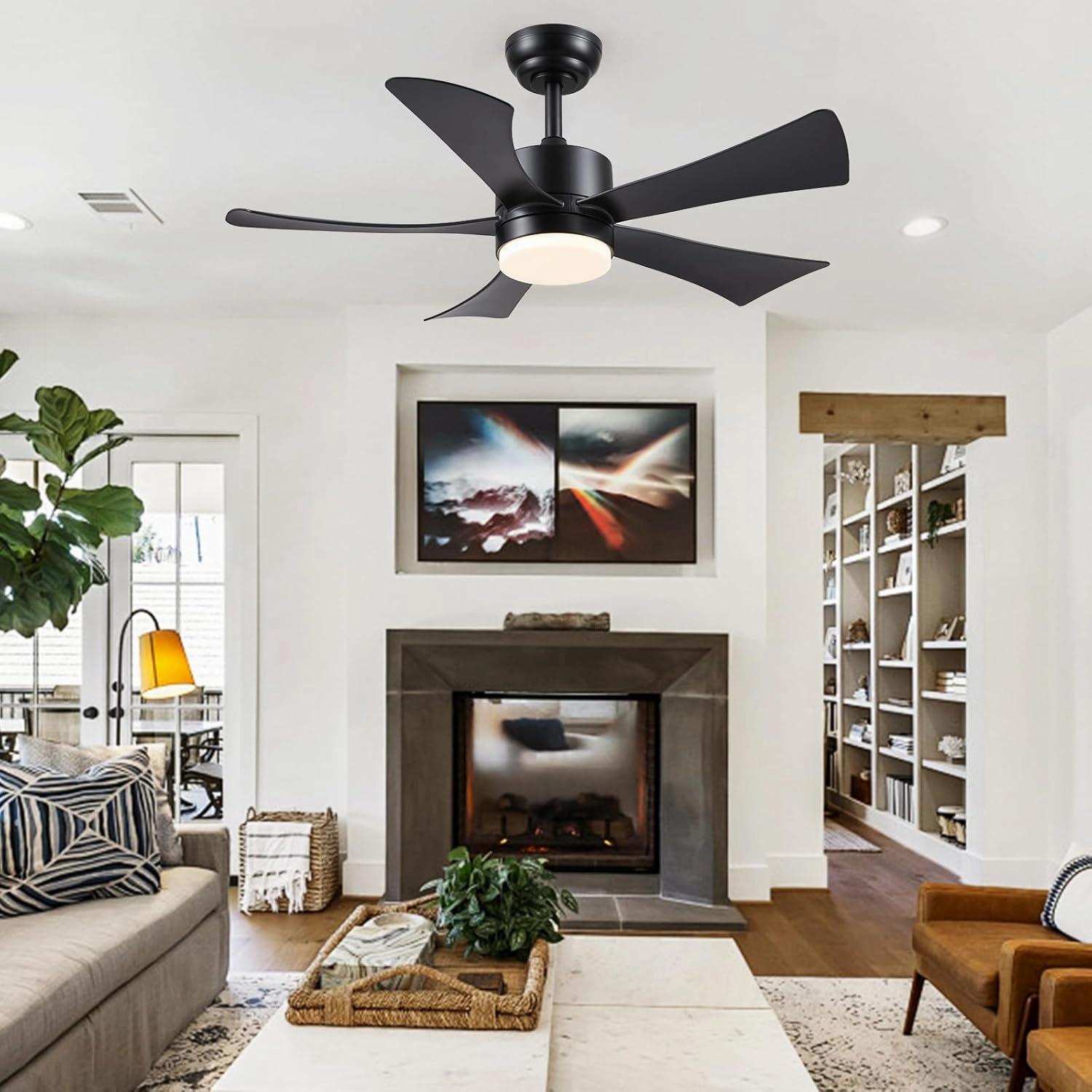 42 inch Ceiling Fans with Lights, Modern Black Ceiling Fan with Remote Control App, DC Motor Quiet, 3CCT Dimmable Memory, Led Sloped Flat Ceiling Fan with Light for Bedroom Indoor&Outdoor Patio