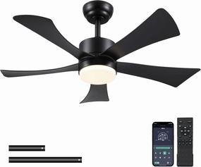 42 inch Ceiling Fans with Lights, Modern Black Ceiling Fan with Remote Control App, DC Motor Quiet, 3CCT Dimmable Memory, Led Sloped Flat Ceiling Fan with Light for Bedroom Indoor&Outdoor Patio App-controlled remote fan for convenience