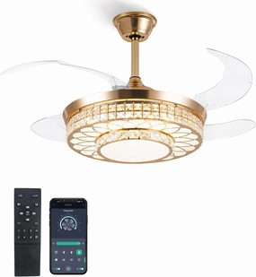 42" Retractable Ceiling Fans with Lights, Crystal Chandelier Ceiling Fan with Remote & APP Control, Modern Dimmable LED Fandelier for Living Room, Dinning Room, Bedroom (Gold) App-controlled remote fan for convenience
