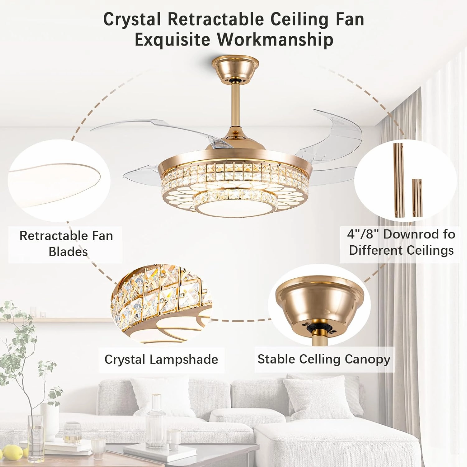 42" Retractable Ceiling Fans with Lights, Crystal Chandelier Ceiling Fan with Remote & APP Control, Modern Dimmable LED Fandelier for Living Room, Dinning Room, Bedroom (Gold)
