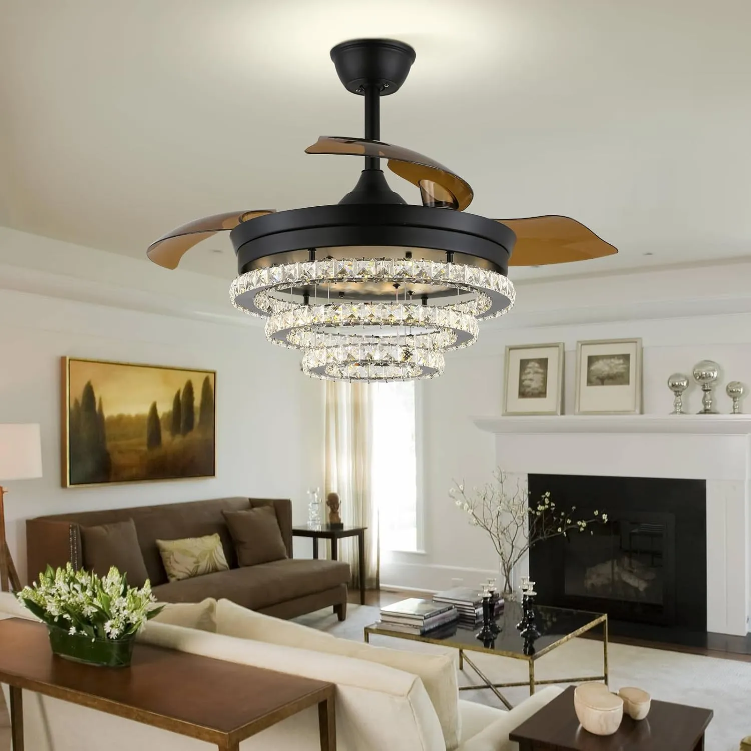 42" Black Dimmable LED Fandeliers Crystal Chandelier Ceiling Fan with Lights Modern Invisible Crystal Fan 3 LED Color Change with Memory Function