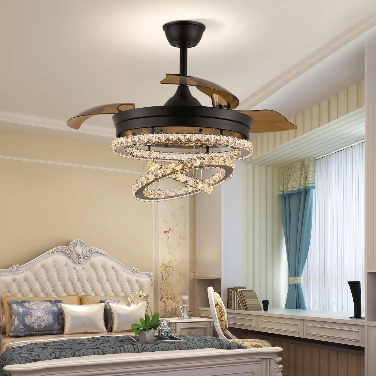 42" Black Dimmable LED Fandeliers Crystal Chandelier Ceiling Fan with Lights Modern Invisible Crystal Fan 3 LED Color Change with Memory Function