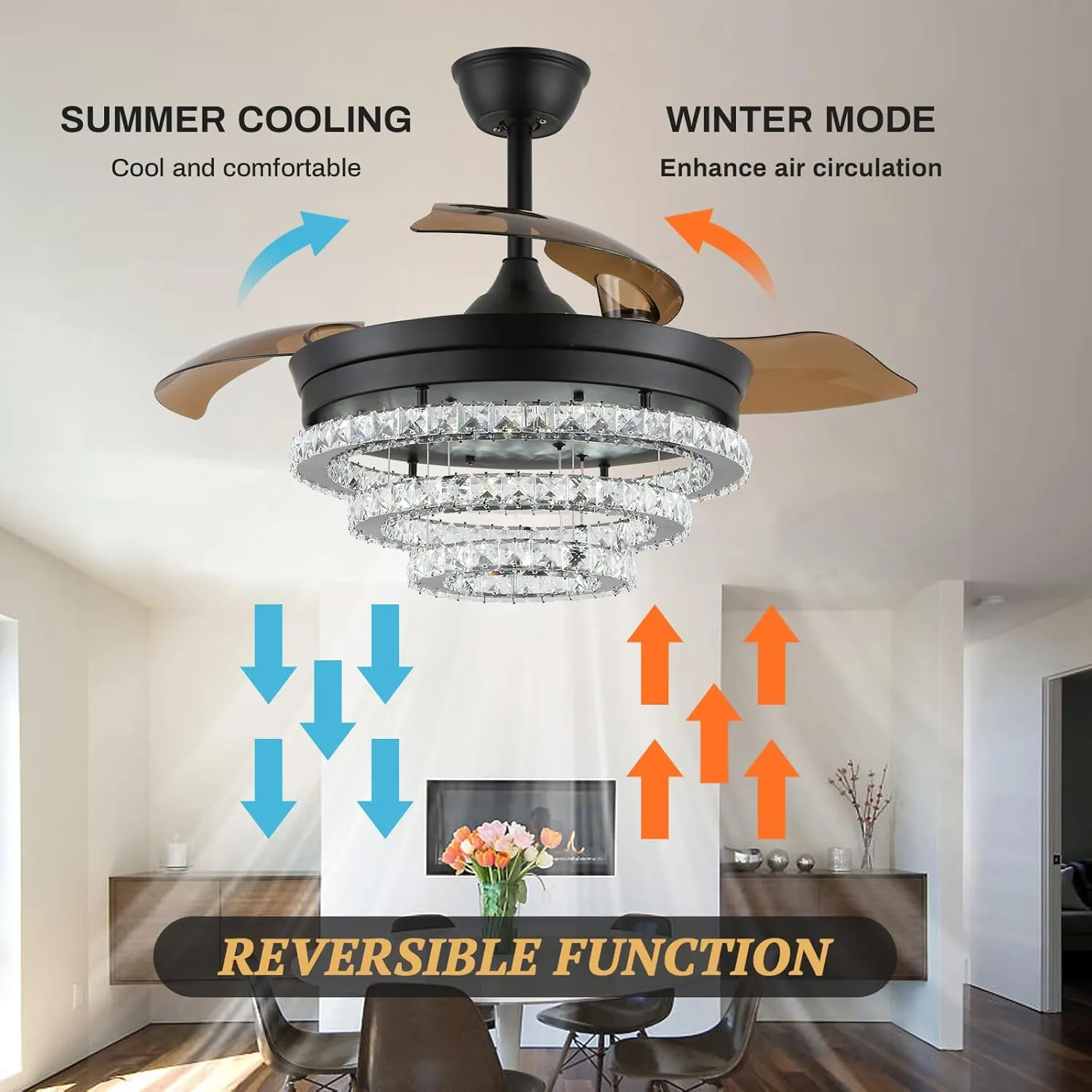 42" Black Dimmable LED Fandeliers Crystal Chandelier Ceiling Fan with Lights Modern Invisible Crystal Fan 3 LED Color Change with Memory Function