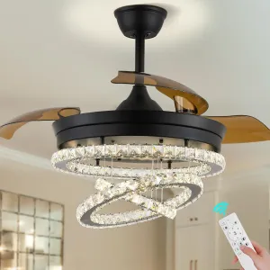 42" Black Dimmable LED Fandeliers Crystal Chandelier Ceiling Fan with Lights Modern Invisible Crystal Fan 3 LED Color Change with Memory Function Fan with safety blade design