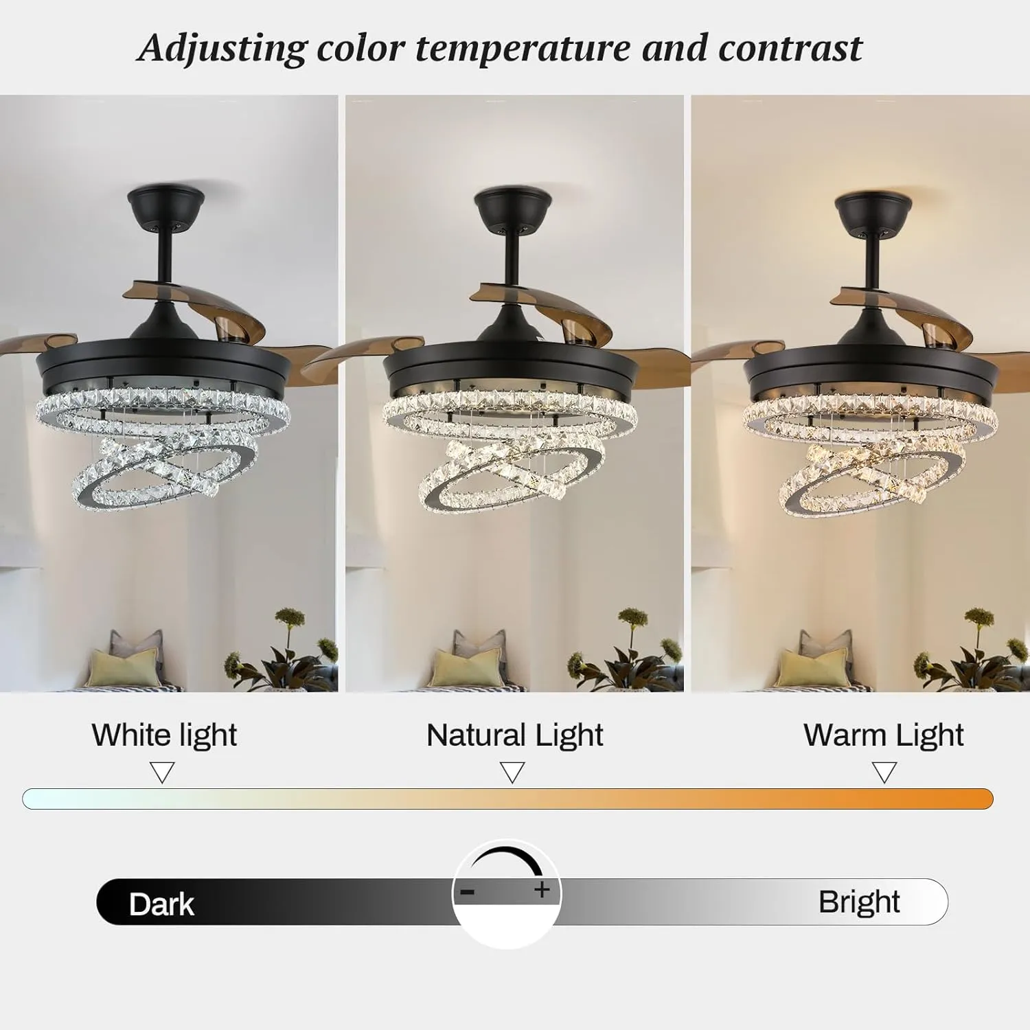 42" Black Dimmable LED Fandeliers Crystal Chandelier Ceiling Fan with Lights Modern Invisible Crystal Fan 3 LED Color Change with Memory Function