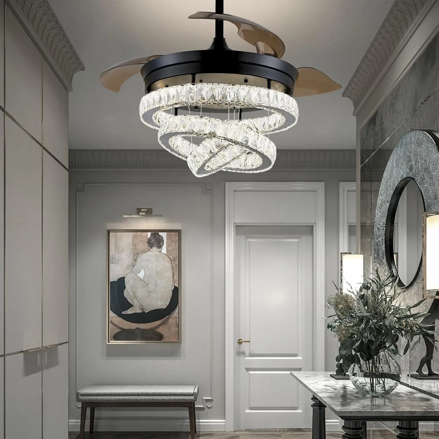 42" Black Fandeliers with Lights Dimmable LED Crystal Ceiling Fan Individual 3 LED Color Change with Timi Memory Function