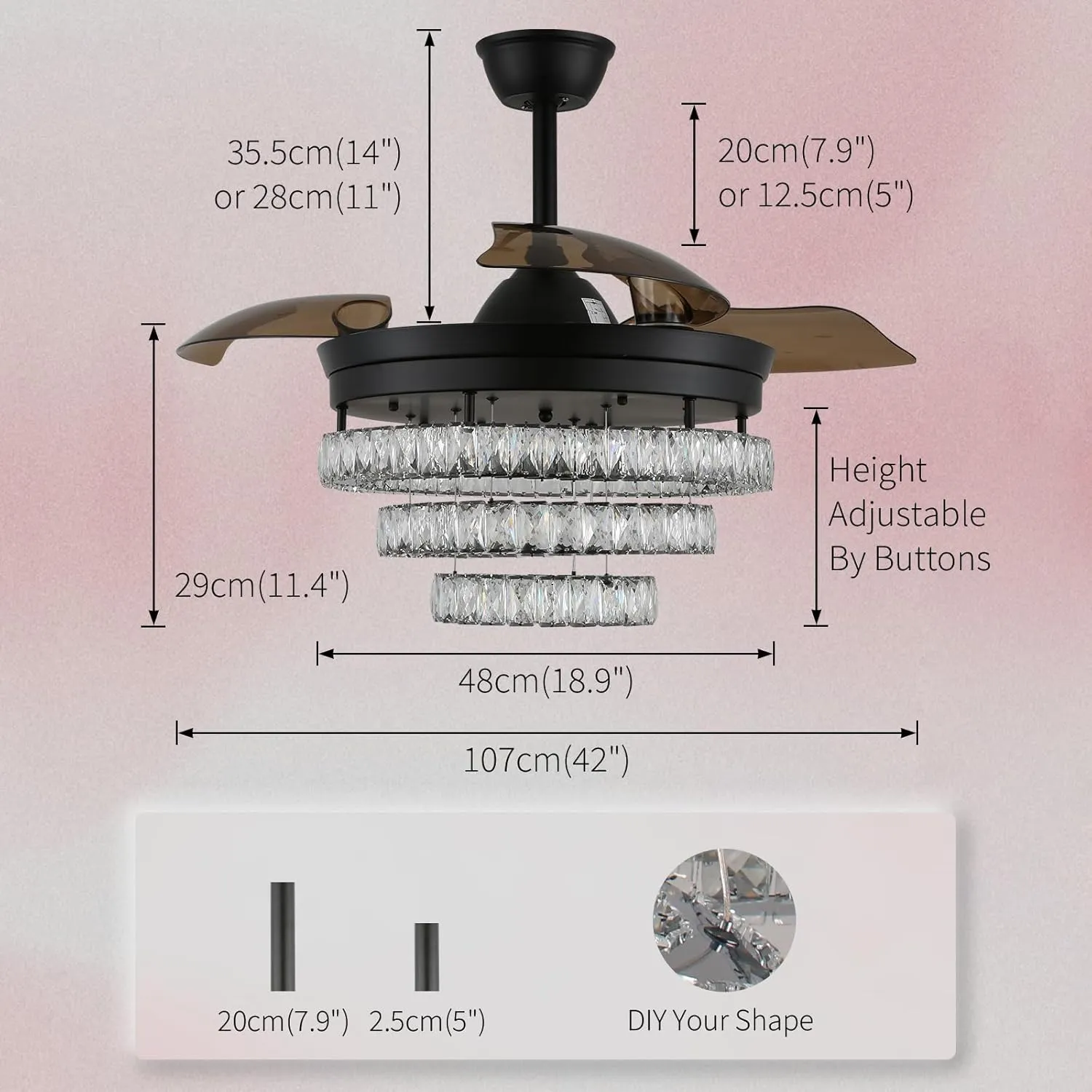 42" Black Fandeliers with Lights Dimmable LED Crystal Ceiling Fan Individual 3 LED Color Change with Timi Memory Function