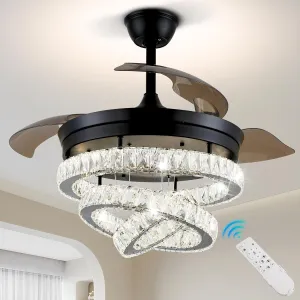 42" Black Fandeliers with Lights Dimmable LED Crystal Ceiling Fan Individual 3 LED Color Change with Timi Memory Function Fan with safety blade design