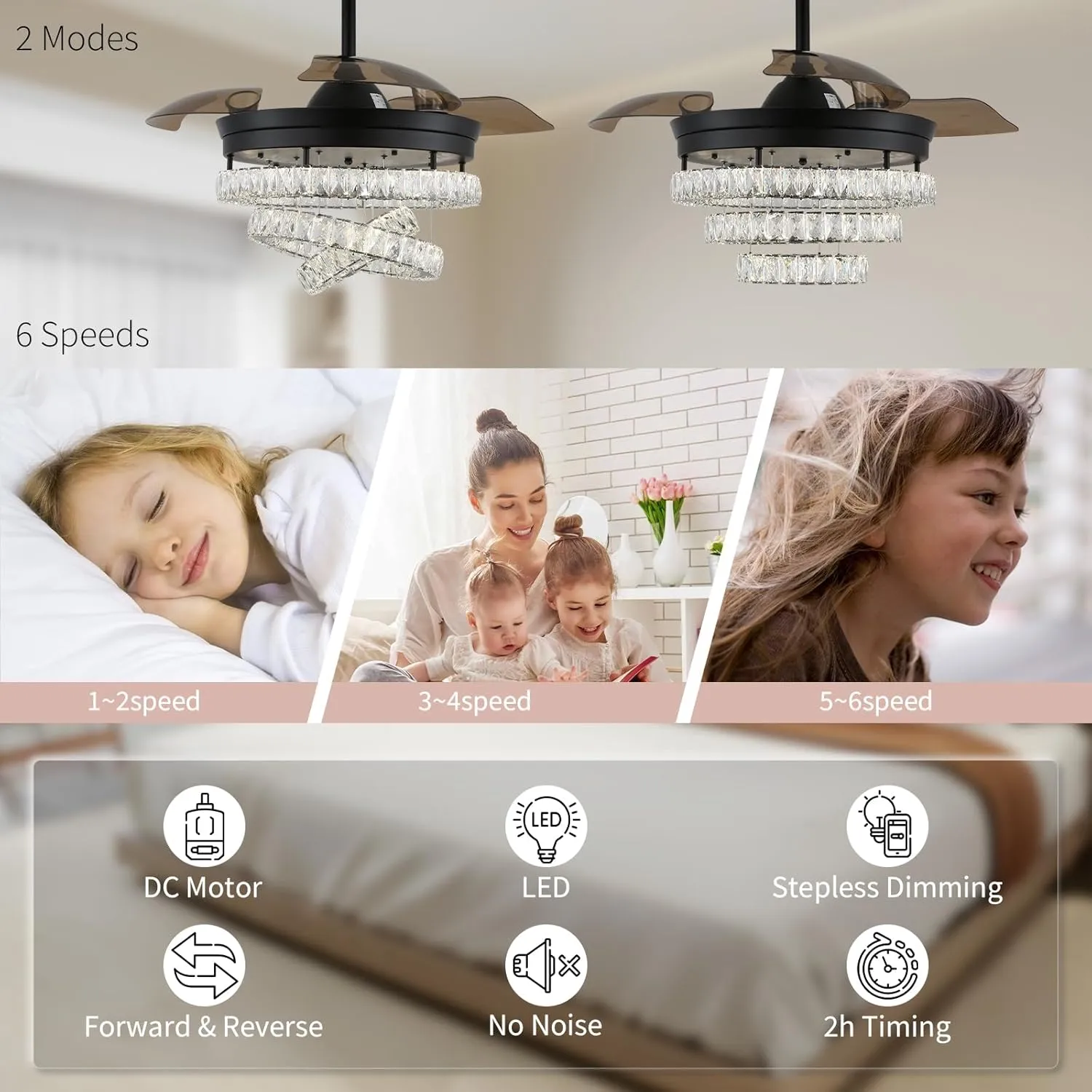 42" Black Fandeliers with Lights Dimmable LED Crystal Ceiling Fan Individual 3 LED Color Change with Timi Memory Function