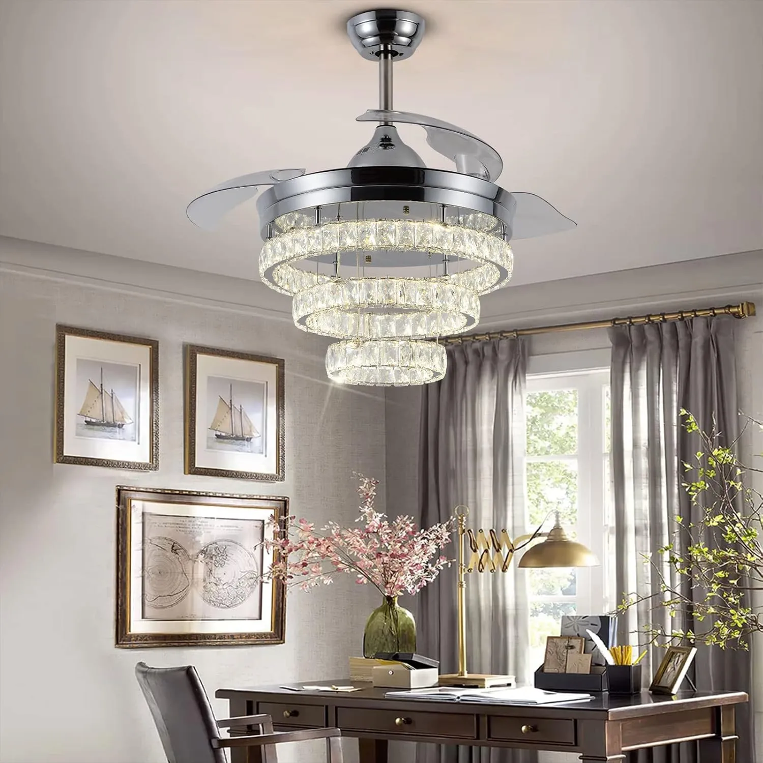 42" Dimmable Fandeliers Modern Crystal Ceiling Fan with Lights LED Invisible Fandelier Crystal Chandelier Fan 3 LED Color Change with Memory Function