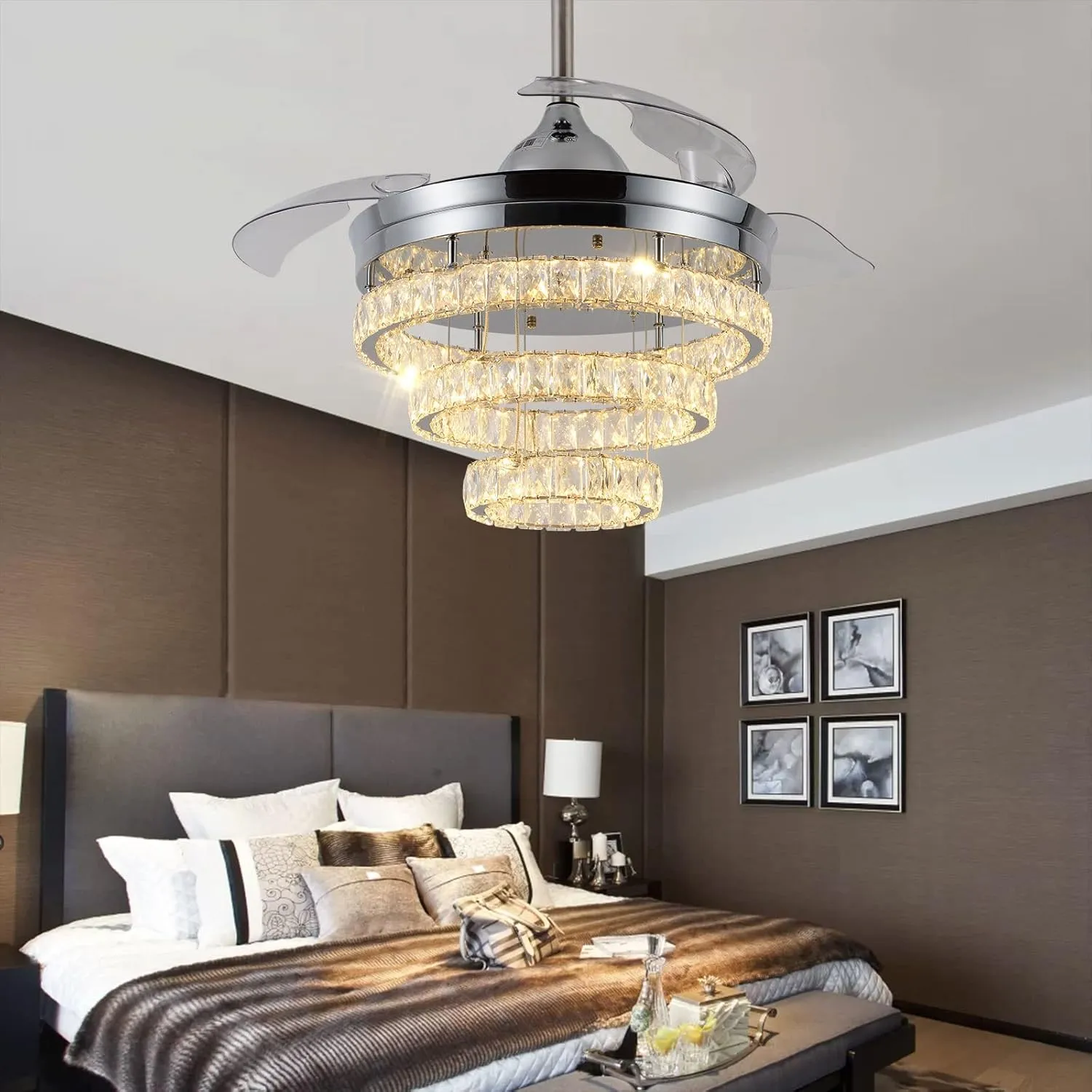 42" Dimmable Fandeliers Modern Crystal Ceiling Fan with Lights LED Invisible Fandelier Crystal Chandelier Fan 3 LED Color Change with Memory Function