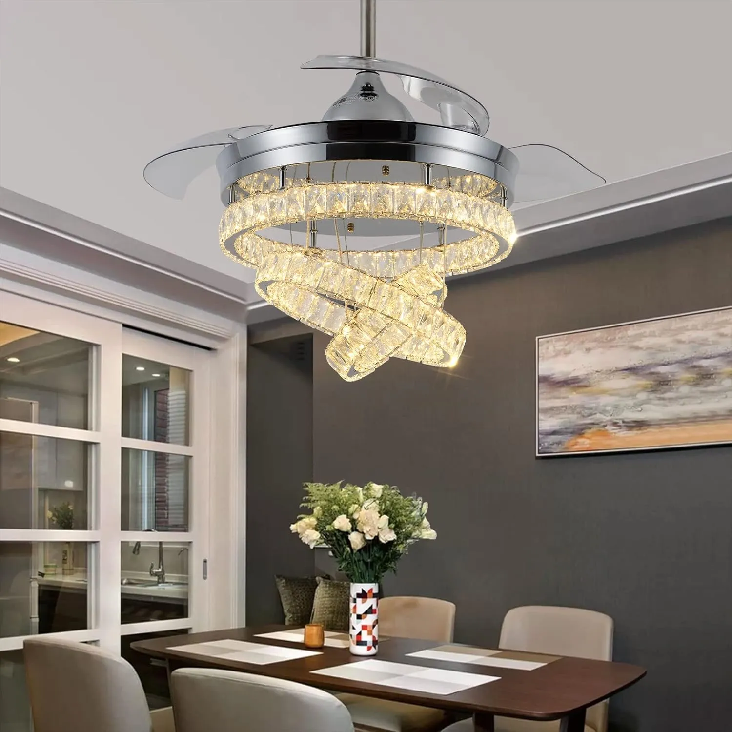 42" Dimmable Fandeliers Modern Crystal Ceiling Fan with Lights LED Invisible Fandelier Crystal Chandelier Fan 3 LED Color Change with Memory Function