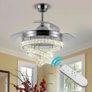 42" Dimmable Fandeliers Modern Crystal Ceiling Fan with Lights LED Invisible Fandelier Crystal Chandelier Fan 3 LED Color Change with Memory Function Fan with safety blade design
