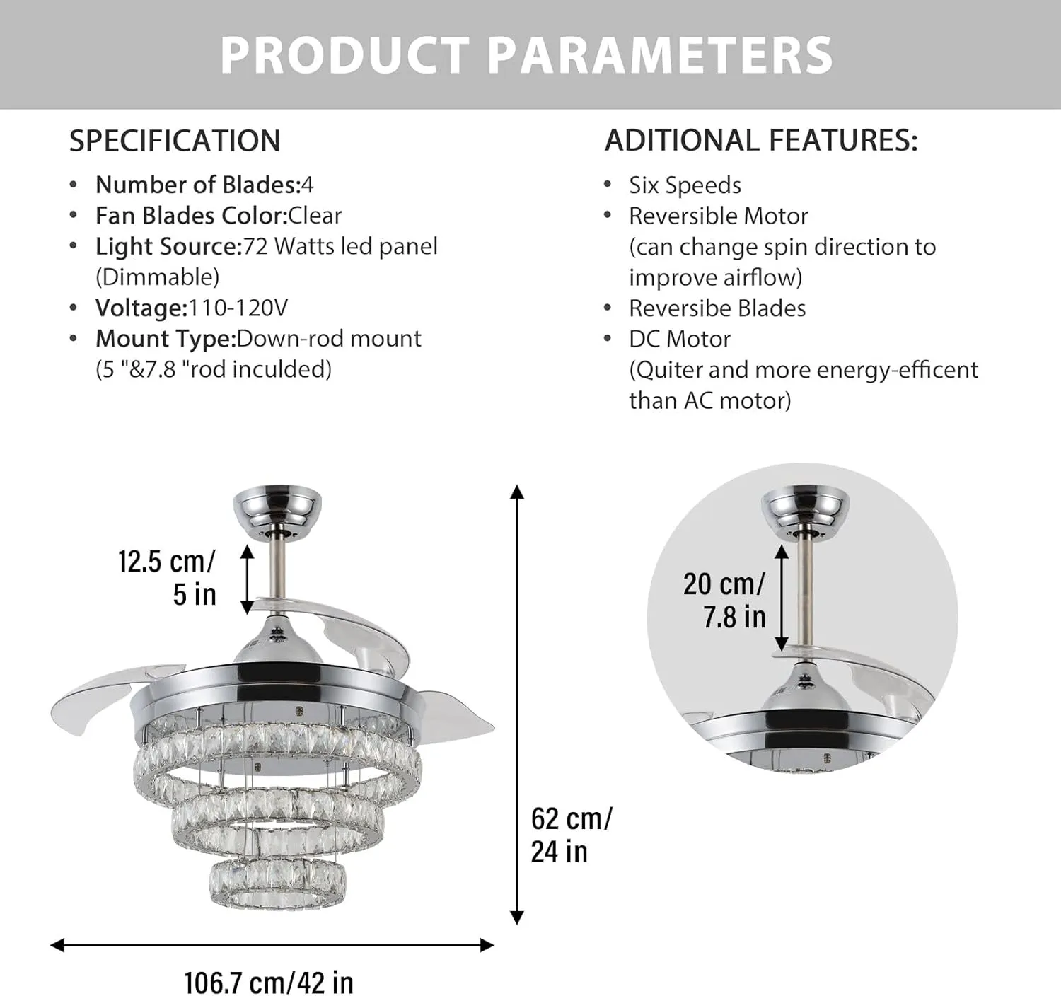 42" Dimmable Fandeliers Modern Crystal Ceiling Fan with Lights LED Invisible Fandelier Crystal Chandelier Fan 3 LED Color Change with Memory Function