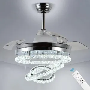 42" Dimmable Fandeliers Modern Crystal Invisible Chandelier Ceiling Fan With 3 LED Color Change Lights with Memory Function Fan with safety blade design