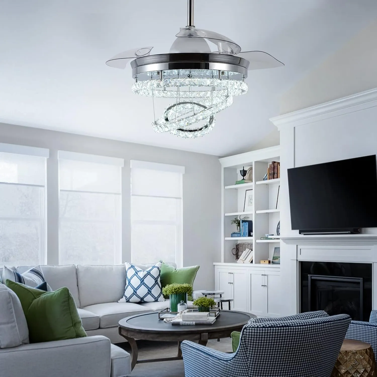 42" Dimmable Fandeliers Modern Crystal Invisible Chandelier Ceiling Fan With 3 LED Color Change Lights with Memory Function