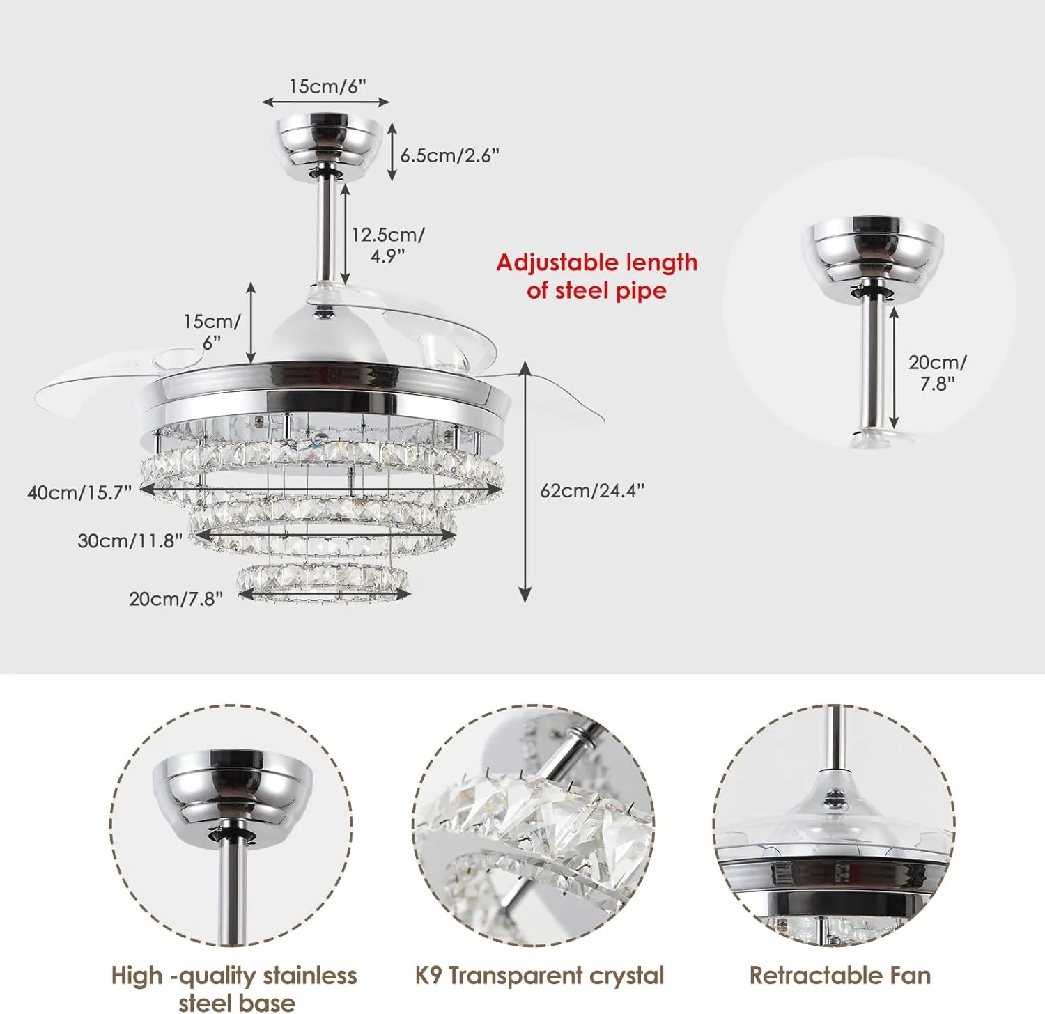 42" Dimmable Fandeliers Modern Crystal Invisible Chandelier Ceiling Fan With 3 LED Color Change Lights with Memory Function