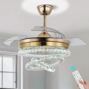 42" Dimmable Gold LED Fandeliers Crystal Chandelier Ceiling Fan with Lights Modern Invisible Fandelier Crystal Chandelier Fan 3 LED Color Change with Memory Function Fan with safety blade design